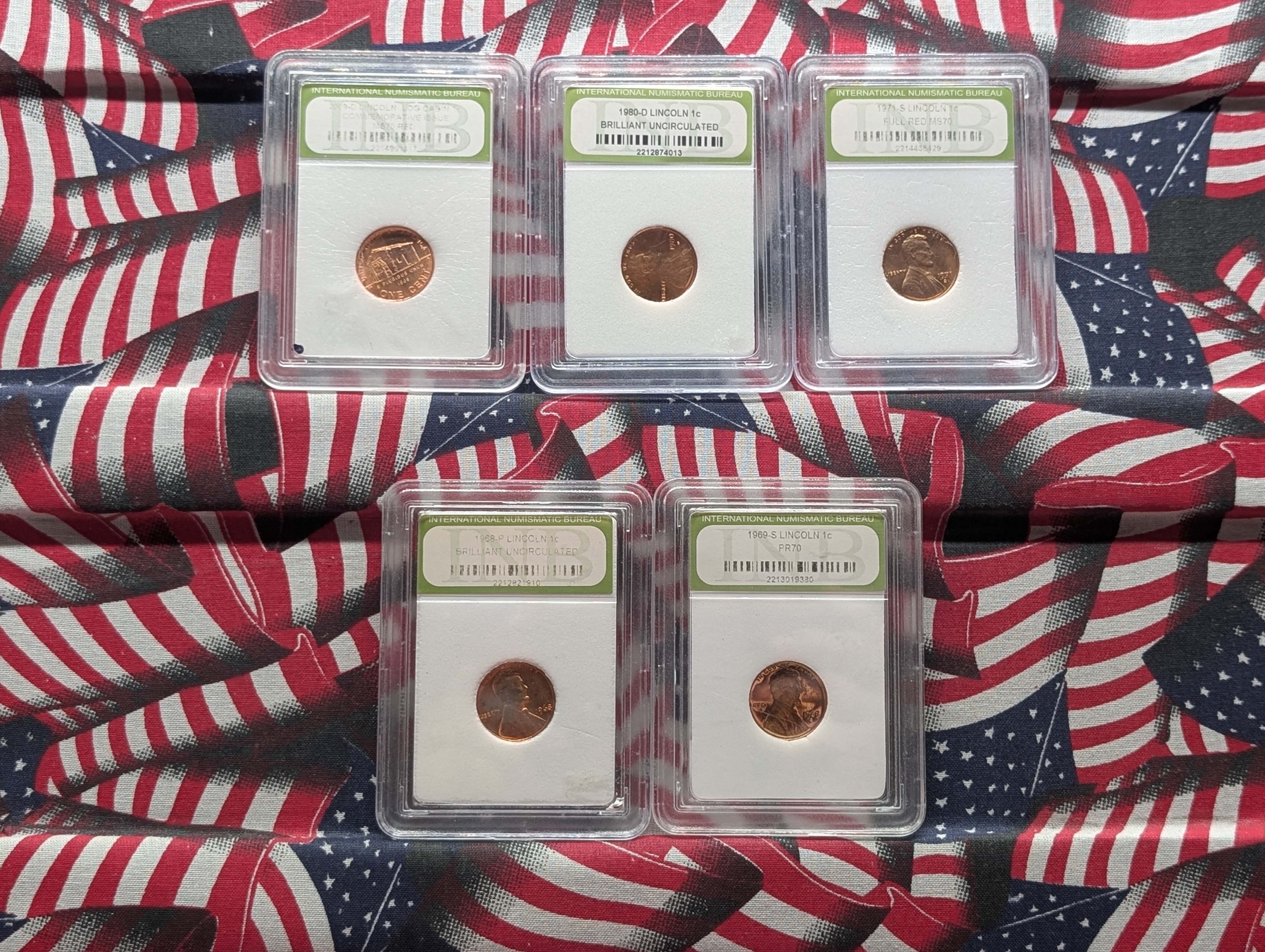 1968-P Brilliant UNC, 1969-S PR70, 1971-S Full Red MS70, 1980-D Brilliant UNC, & 2009-D Log Cabin, MS70 RED Lincoln Memorial Cents, All Slab