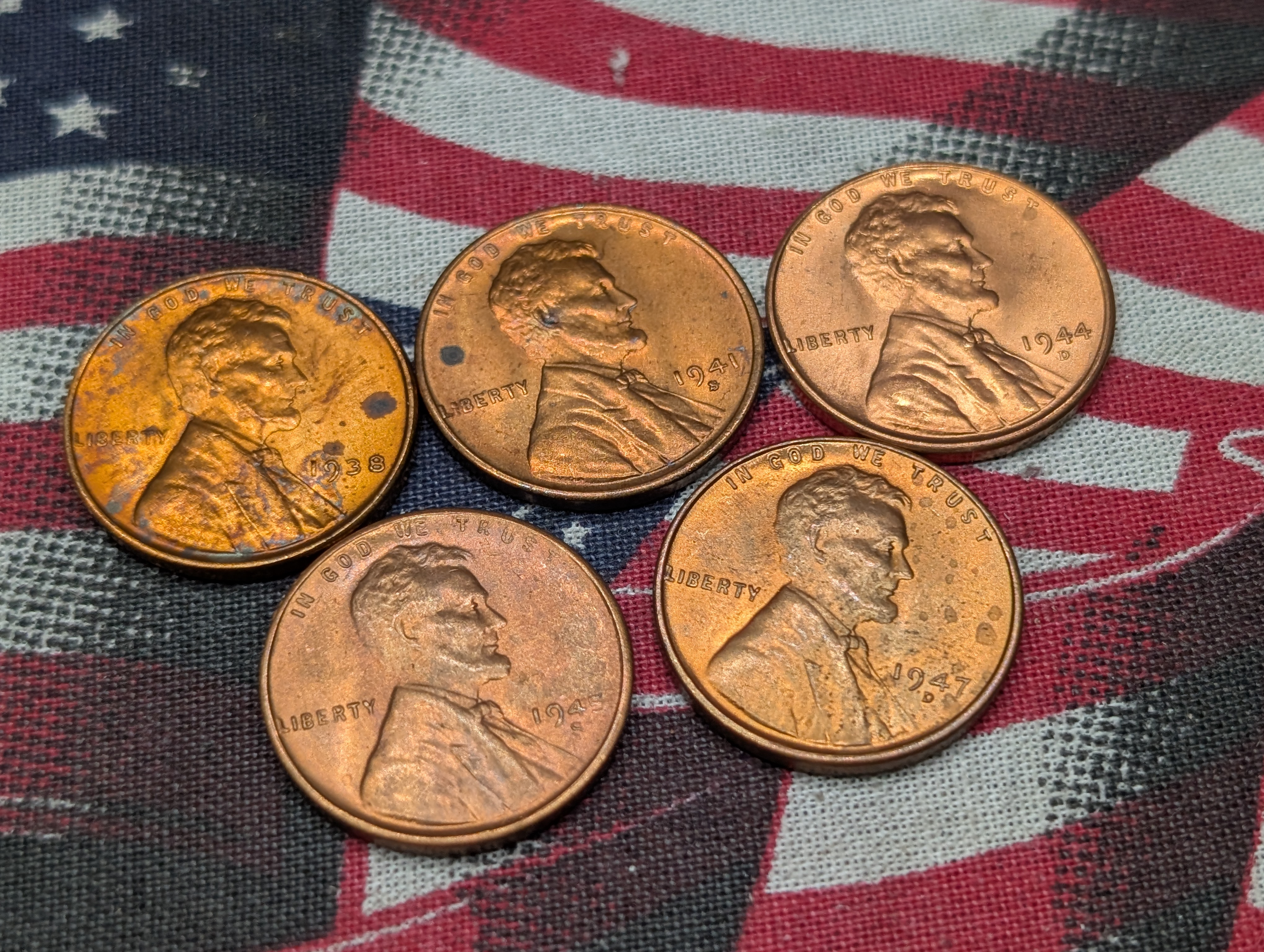 1938-P, 1941-S, 1944-D, 1945-S, & 1947-D Lincoln Wheat Cents