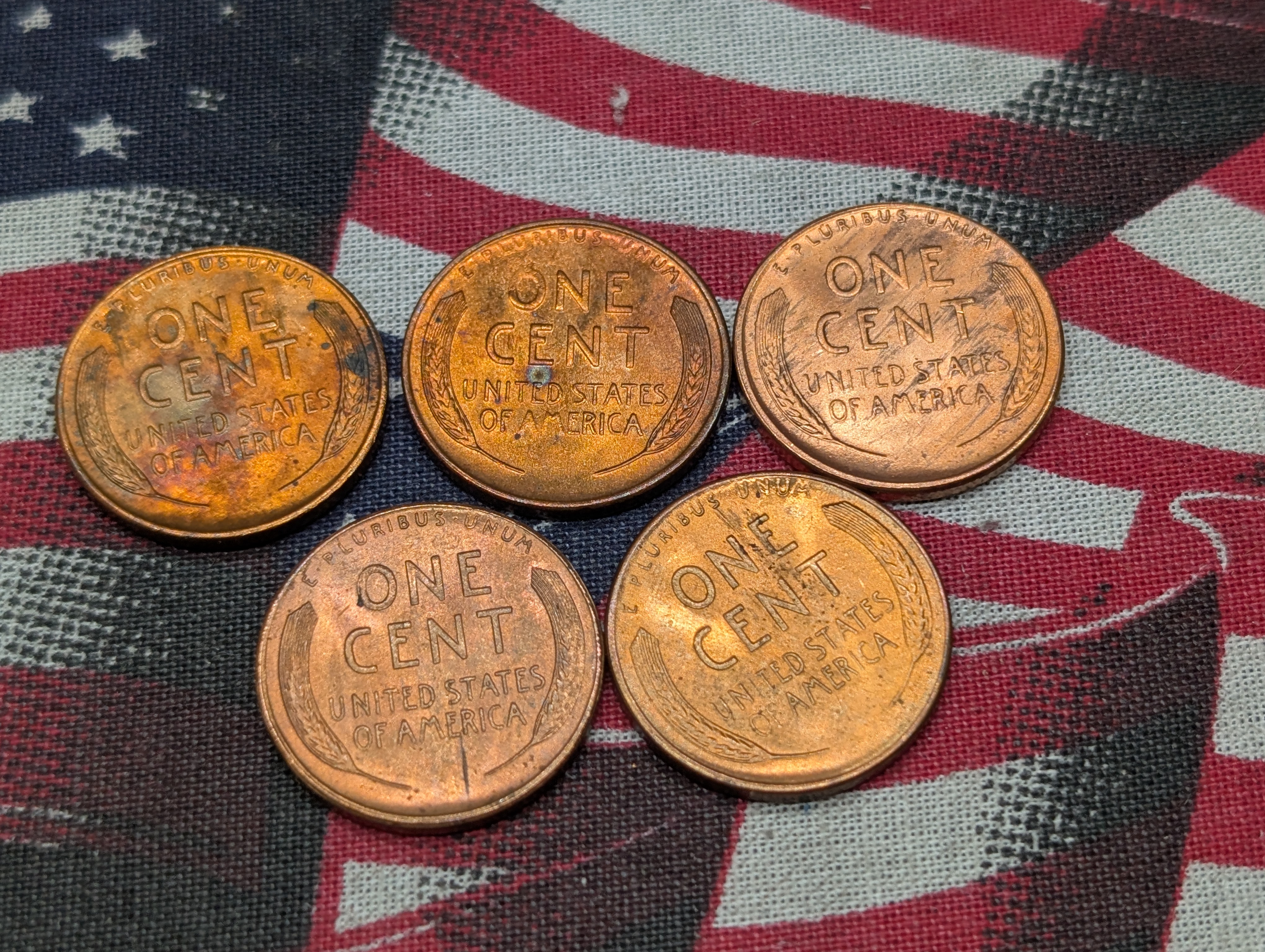 1938-P, 1941-S, 1944-D, 1945-S, & 1947-D Lincoln Wheat Cents