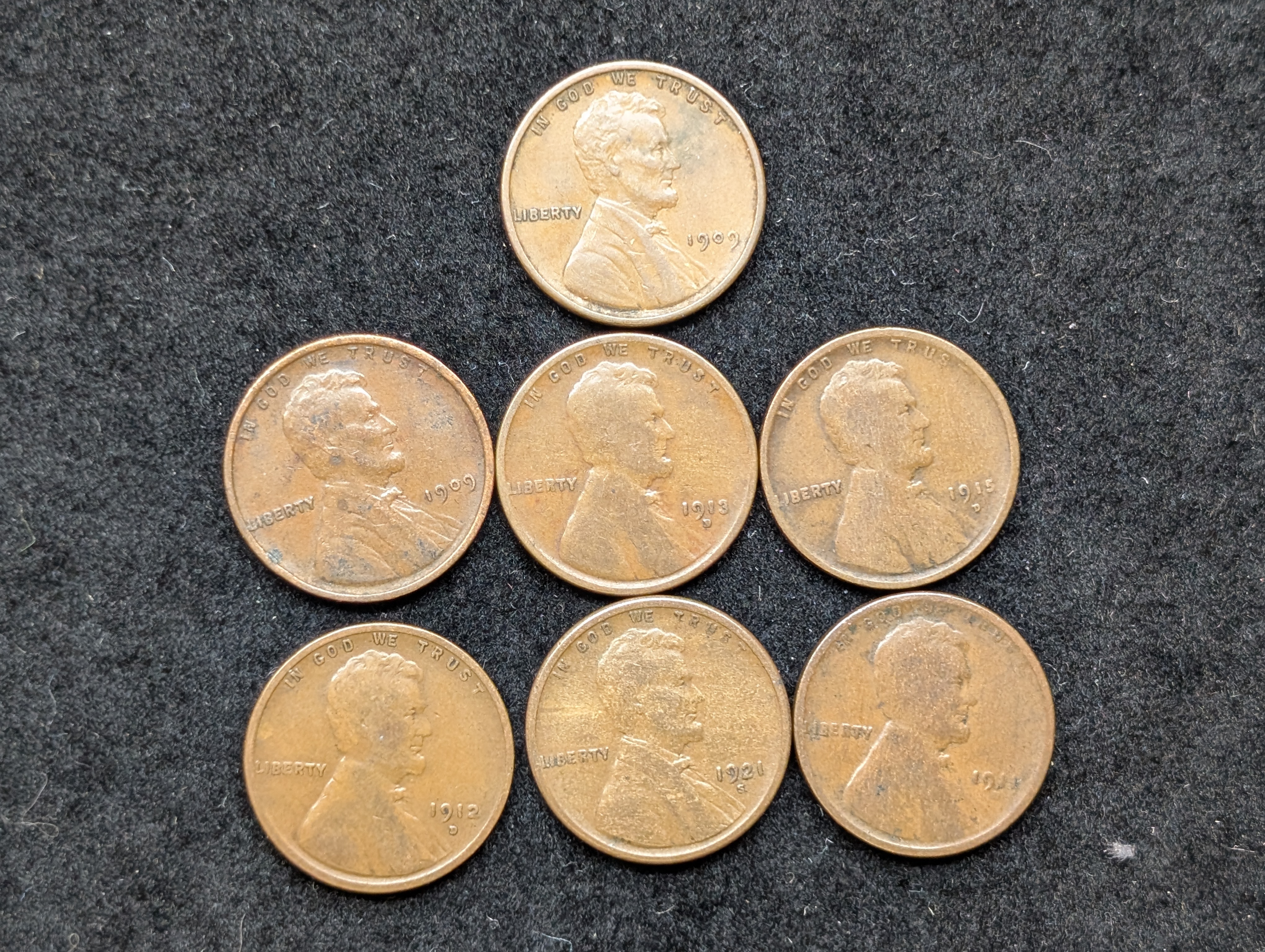 1909-P, 1909 VDB, 1911-D, 1912-D, 1913-D, 1915-D, & 1921-S Lincoln Wheat Cents