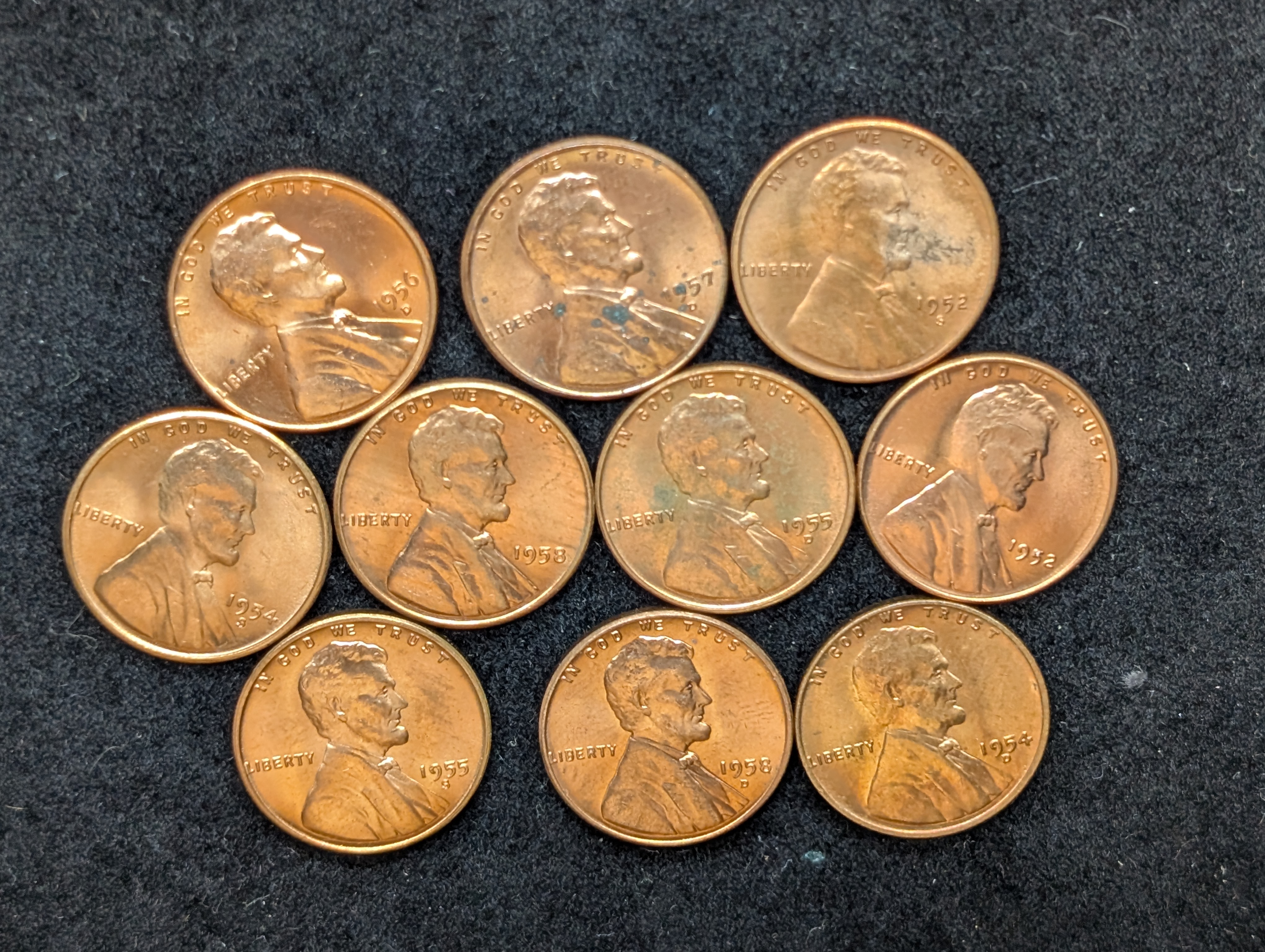 1952 P&S, 1954 D&S, 1955 D&S, 1956-D, 1958 P&D, & 1957-D Lincoln Wheat Cents, Red Unc.