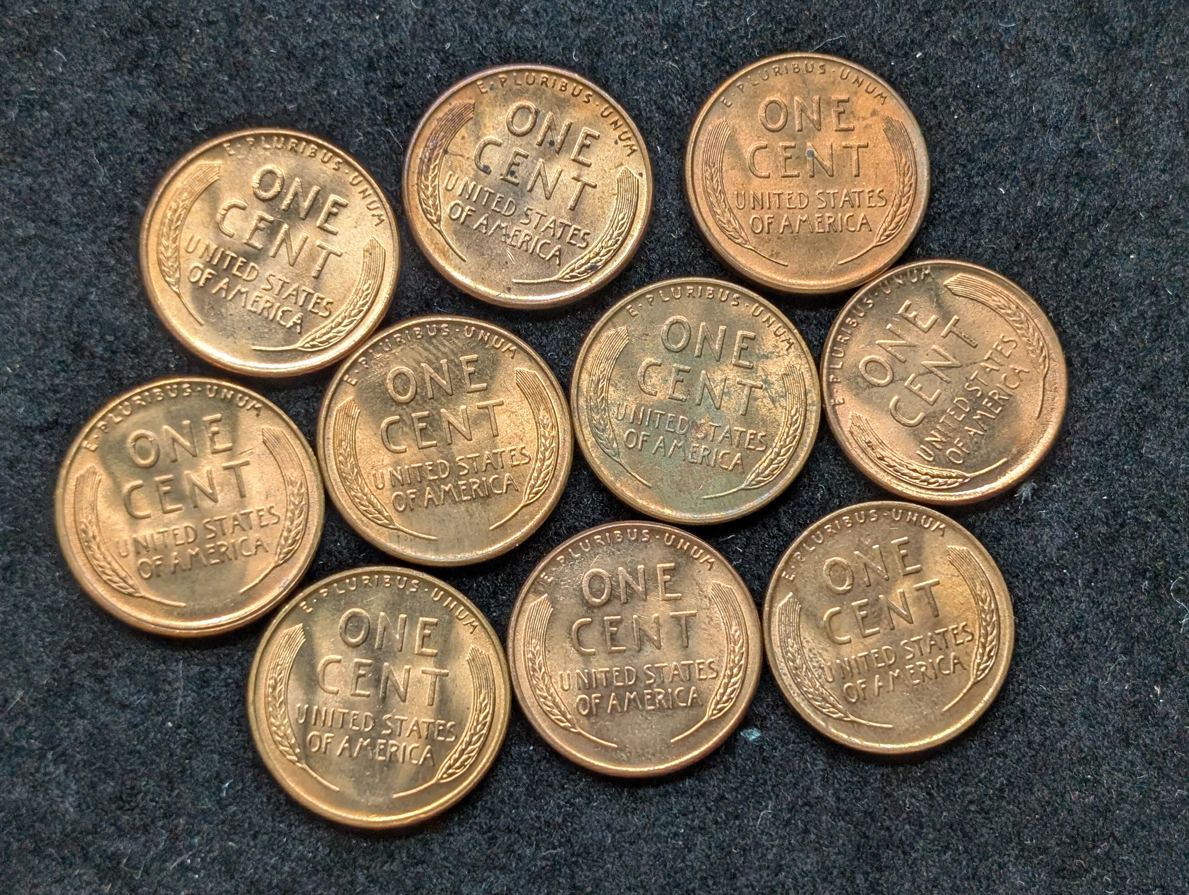 1952 P&S, 1954 D&S, 1955 D&S, 1956-D, 1958 P&D, & 1957-D Lincoln Wheat Cents, Red Unc.