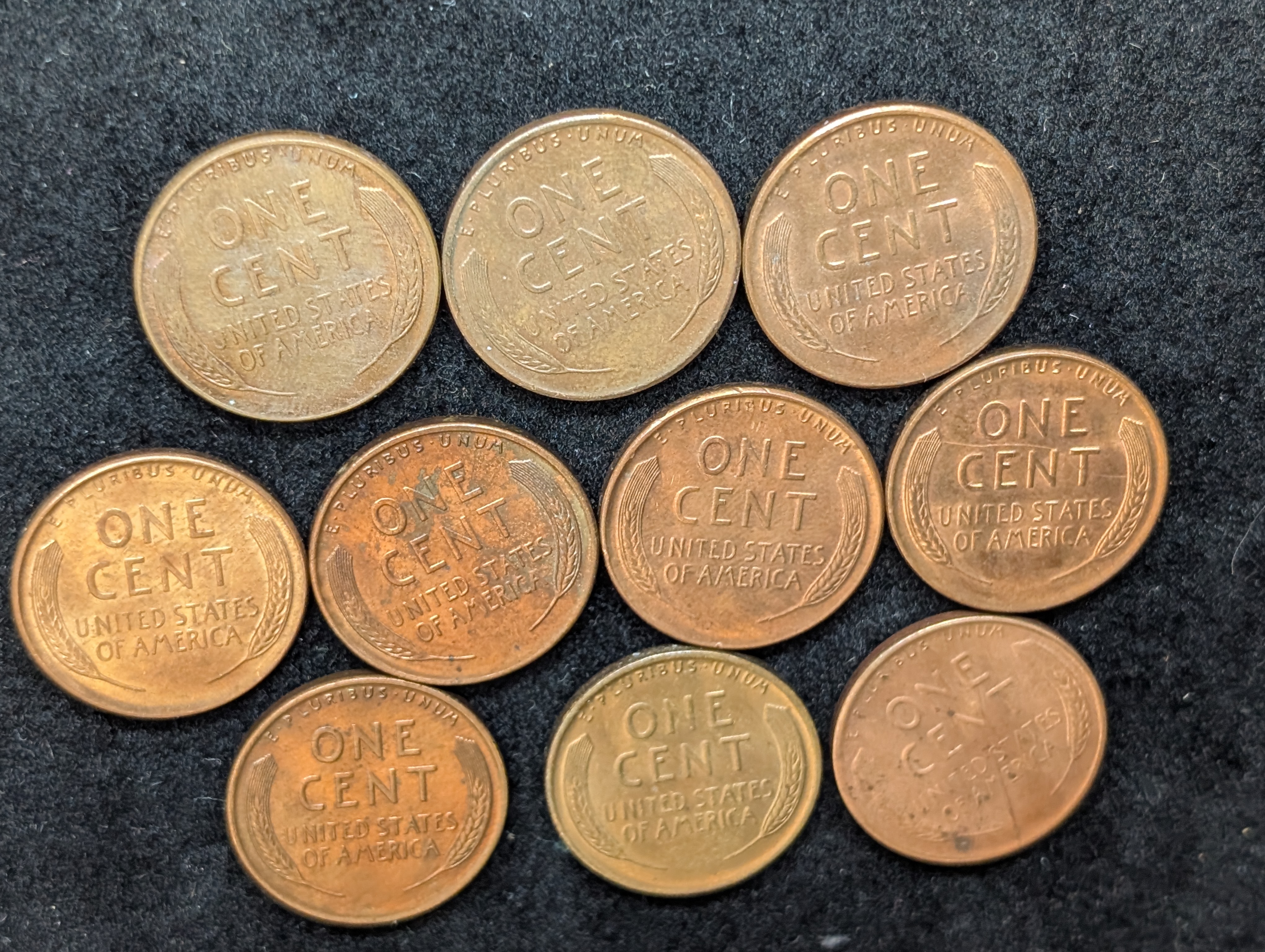 1934-P, 1935-P, 1937-P, 1941-P, 1942-S, 1945 P&S, 1946-P, 1947-P, & 1948-S Lincoln Wheat Cents