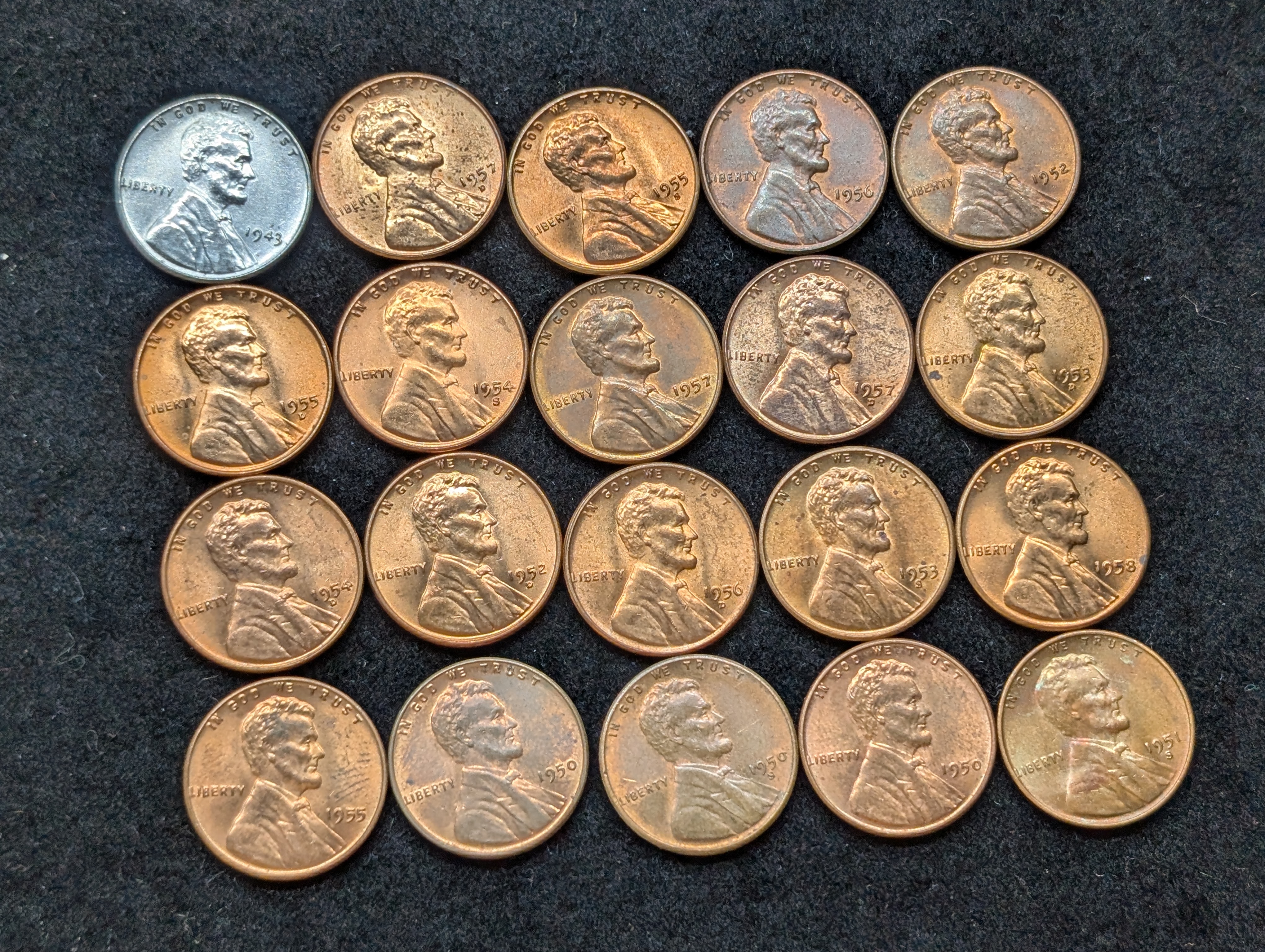 1943-P, 1950 P, D, & S, 1951-S, 1952 P&D, 1953 D&S, 1954 D&S, 1955 P, D, & S, 1956 P&D, 1957 P&D, & 1958 P&D Lincoln Wheat Cents