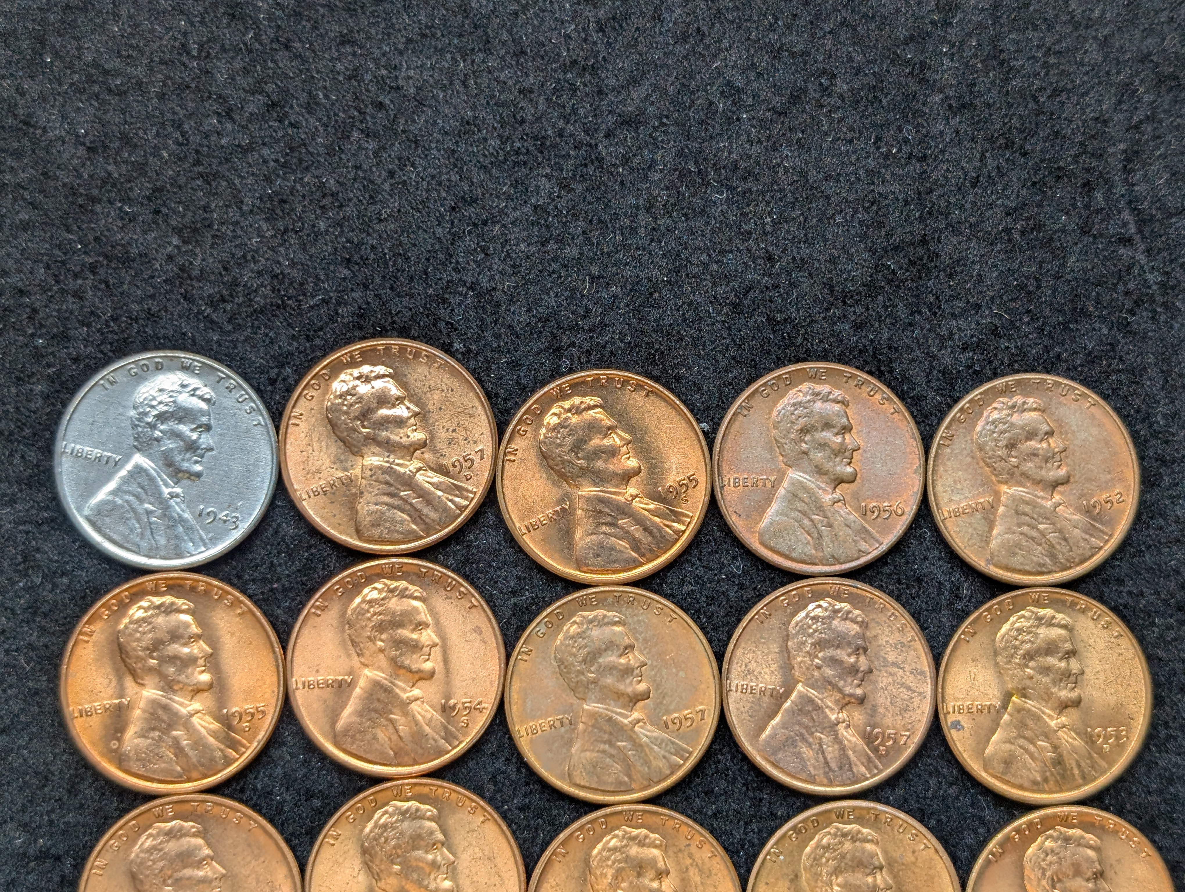 1943-P, 1950 P, D, & S, 1951-S, 1952 P&D, 1953 D&S, 1954 D&S, 1955 P, D, & S, 1956 P&D, 1957 P&D, & 1958 P&D Lincoln Wheat Cents