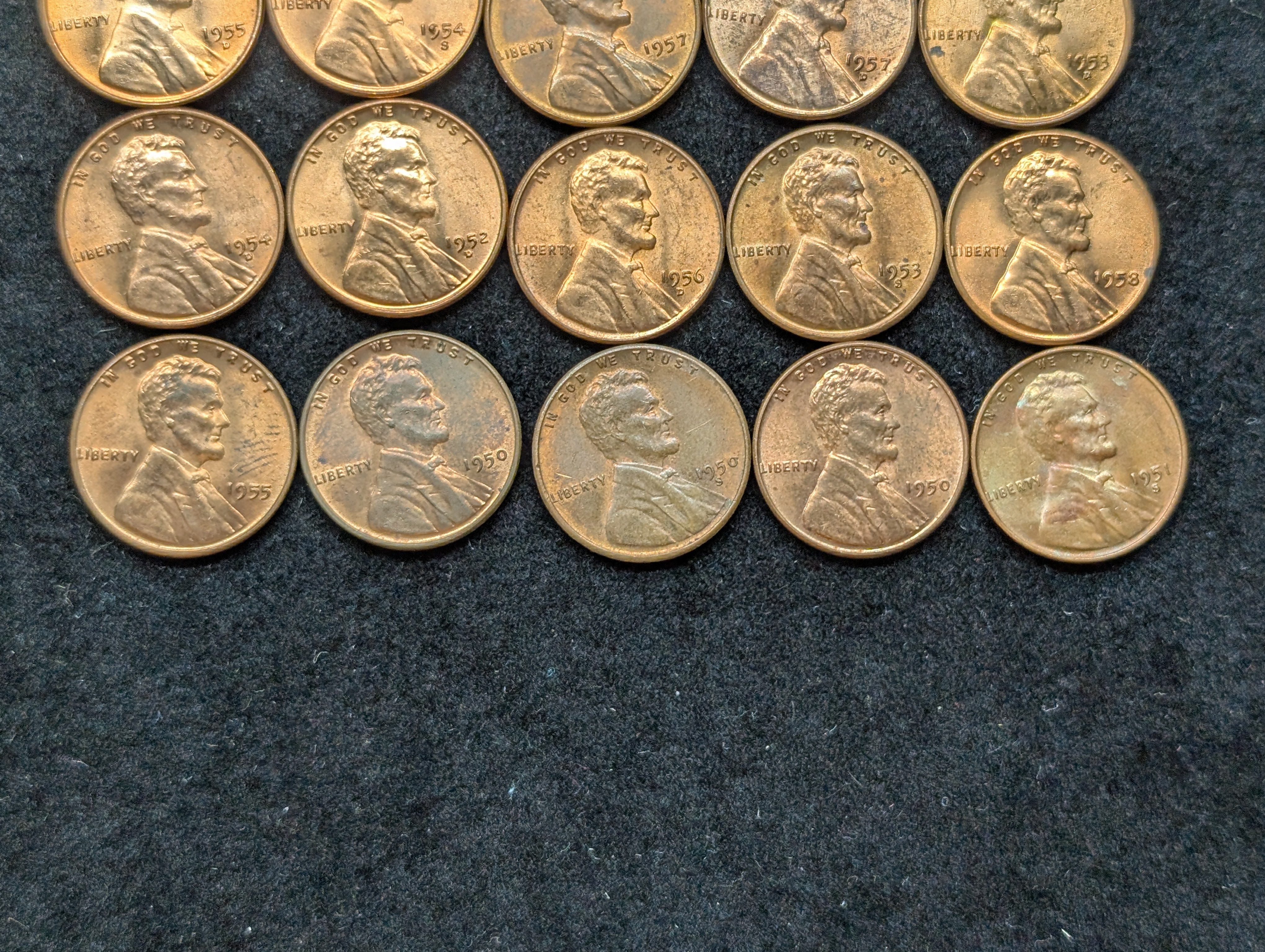1943-P, 1950 P, D, & S, 1951-S, 1952 P&D, 1953 D&S, 1954 D&S, 1955 P, D, & S, 1956 P&D, 1957 P&D, & 1958 P&D Lincoln Wheat Cents