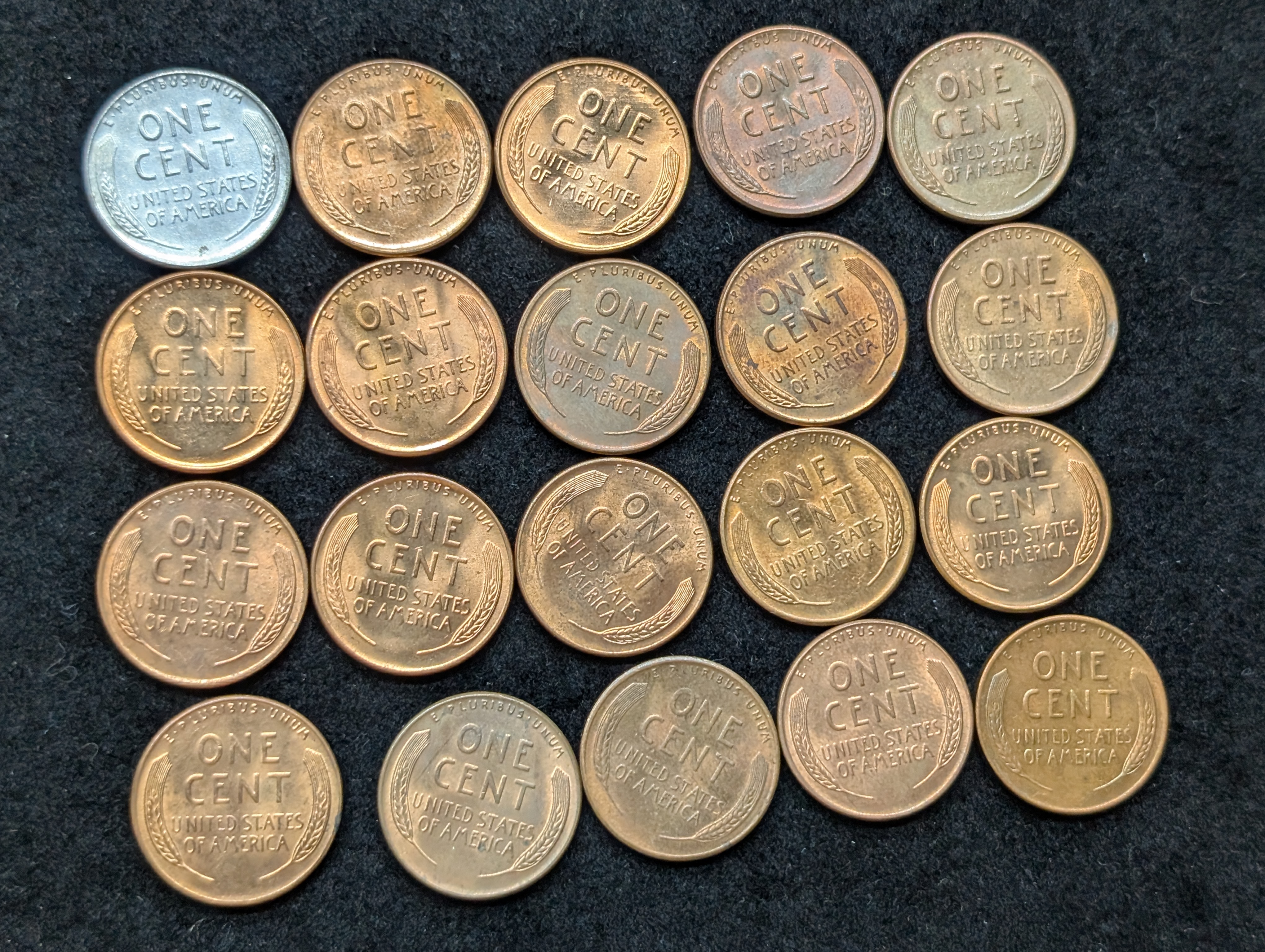 1943-P, 1950 P, D, & S, 1951-S, 1952 P&D, 1953 D&S, 1954 D&S, 1955 P, D, & S, 1956 P&D, 1957 P&D, & 1958 P&D Lincoln Wheat Cents
