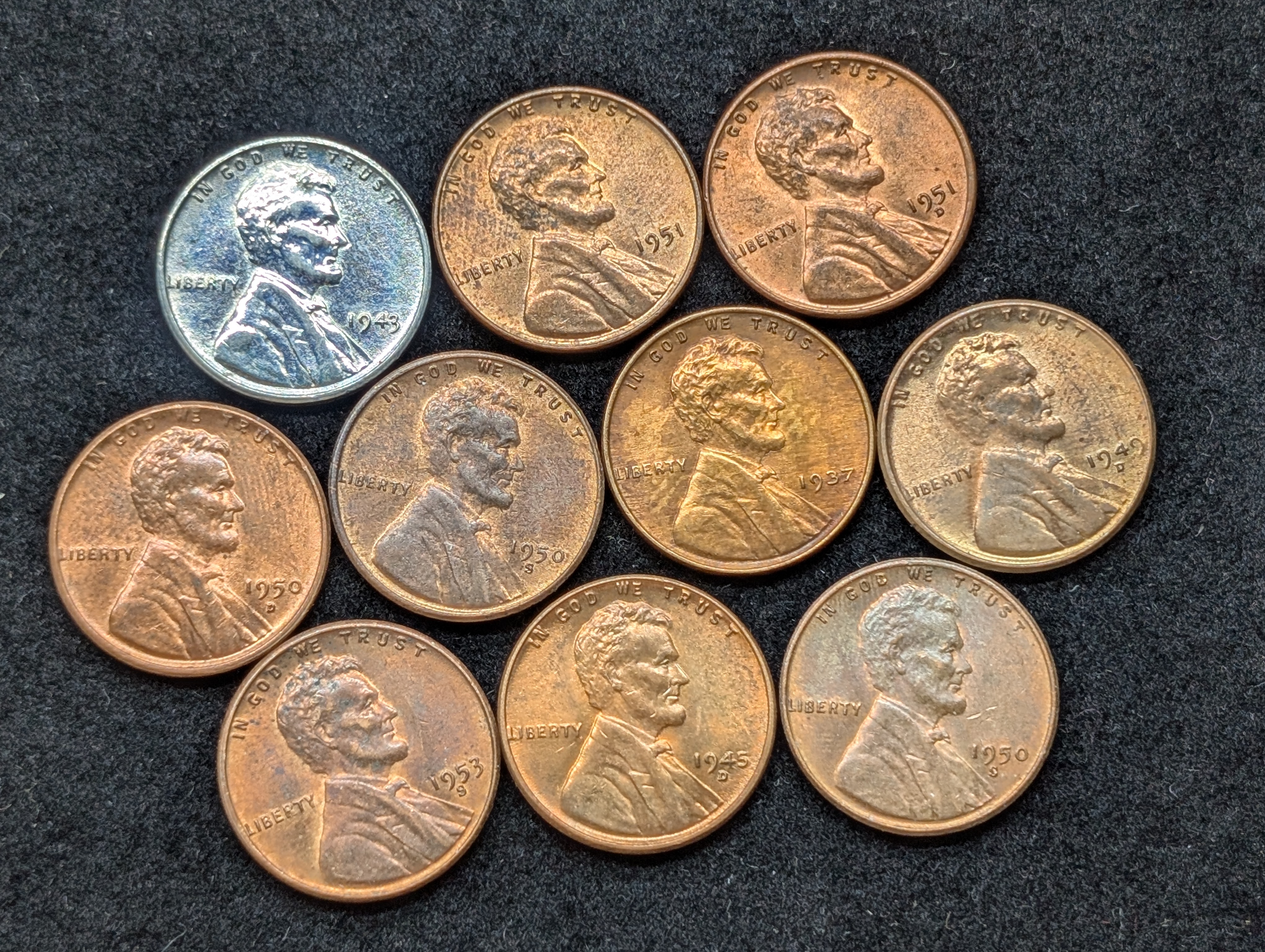 1937-P, 1943-P, 1945-D, 1949-D, 1950, D, & (2 ) S's, 1951 P&D, & 1953-S Lincoln Wheat Cents