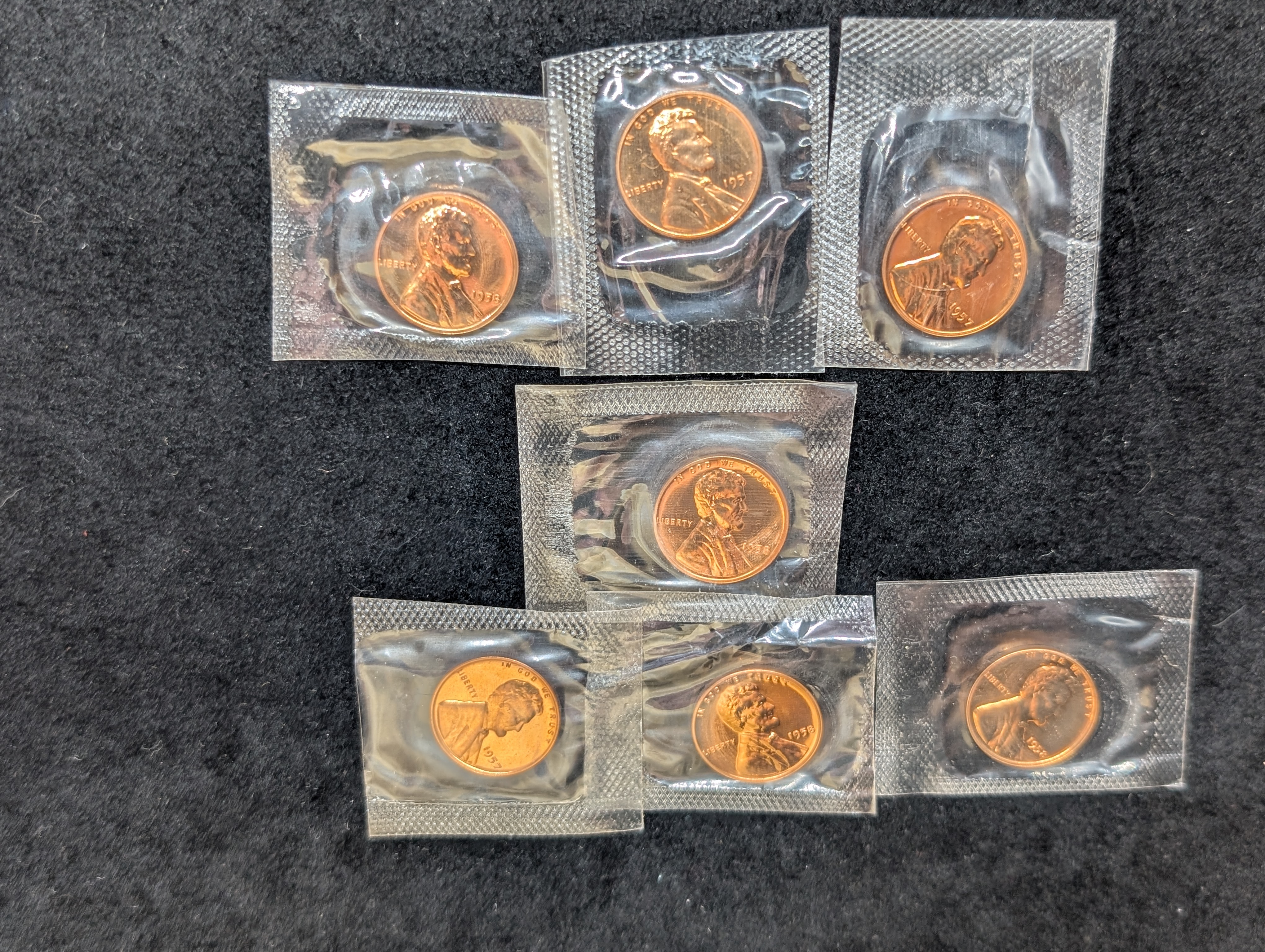 (3) 1957-P & (4) 1958-P Lincoln Wheat Cents - Cut From UNC Sets In Cellophane