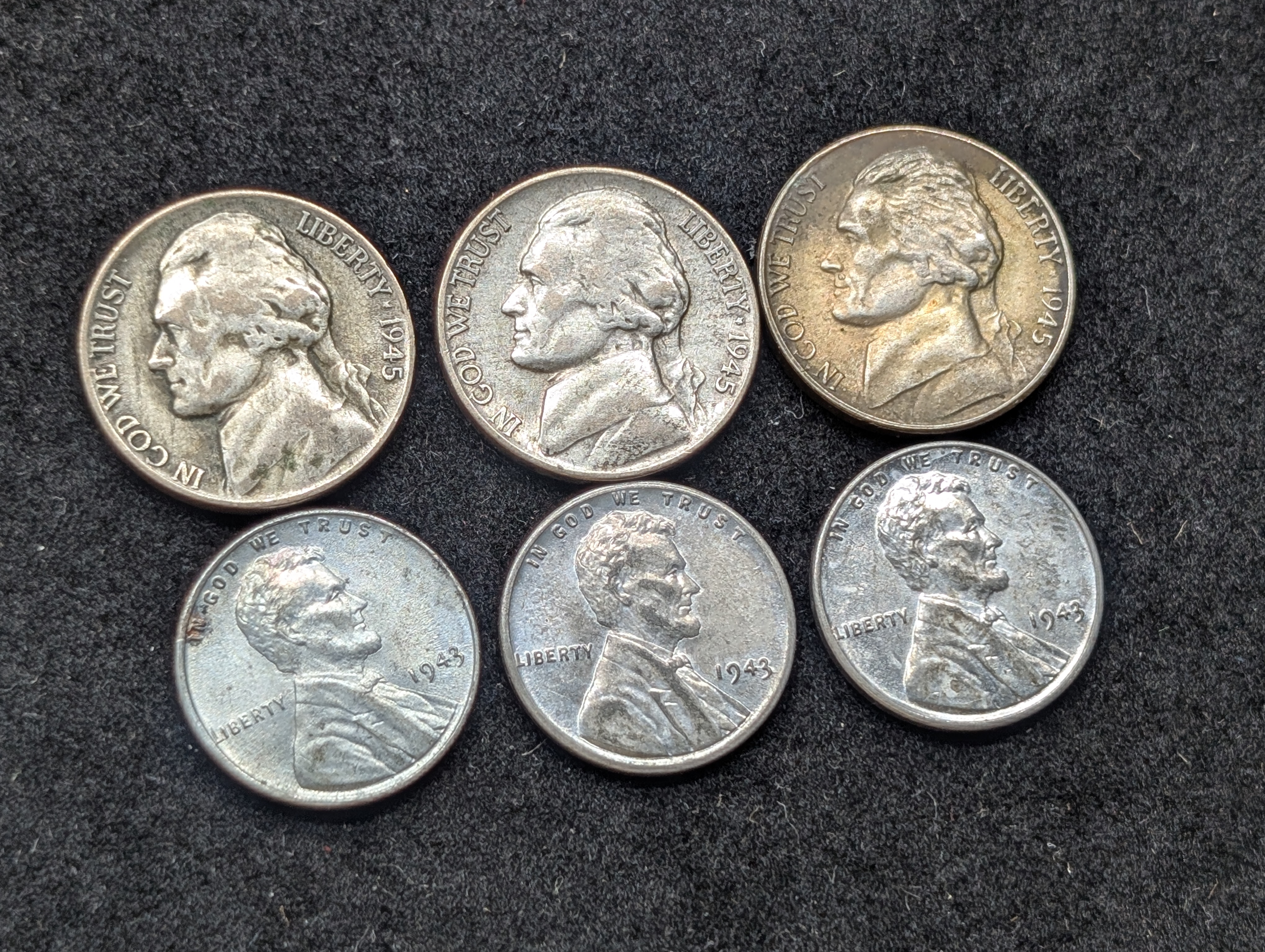 (3) 1943-P Steel Lincoln Wheat Cents, (2) 1945-P 35% Silver Jefferson Nickels & (1) 1945-S 35% Silver Jefferson Nickel