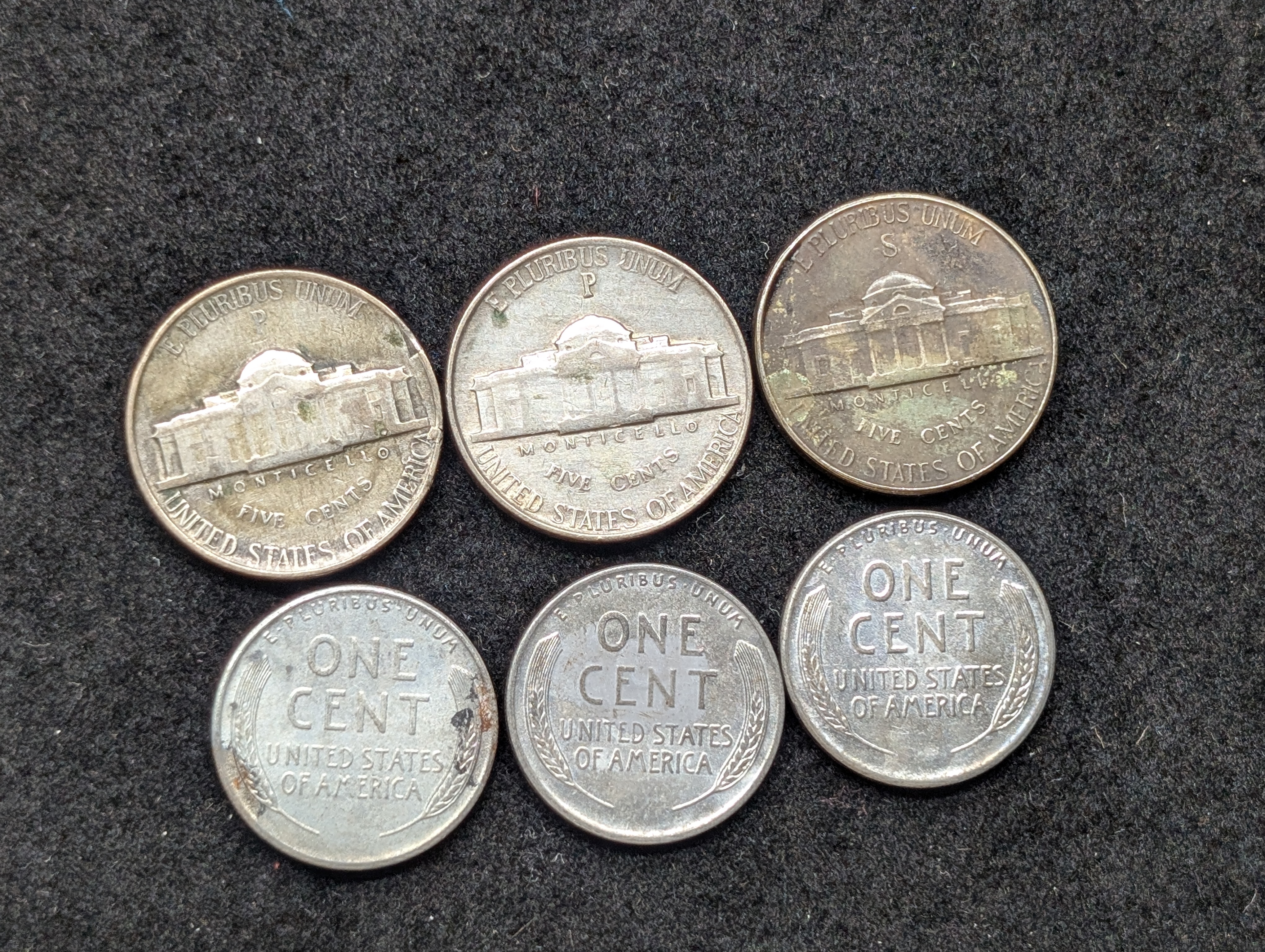 (3) 1943-P Steel Lincoln Wheat Cents, (2) 1945-P 35% Silver Jefferson Nickels & (1) 1945-S 35% Silver Jefferson Nickel