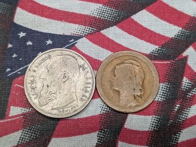 1909 Belgium 2 Frank, 83.5% Silver, 10G & 1925 Portugal 20 Centavos, Bronze. 1909 Belgium 2 