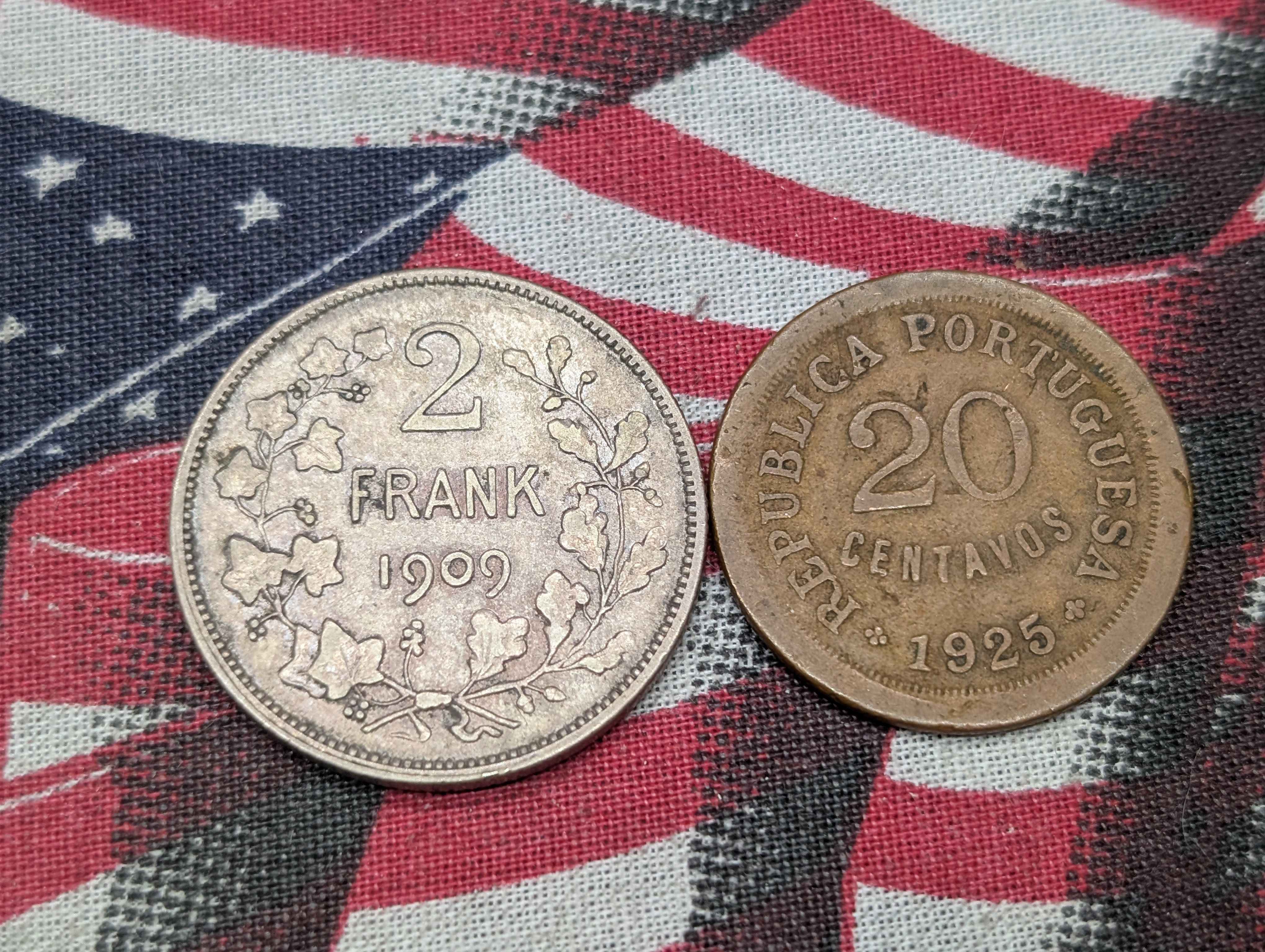 1909 Belgium 2 Frank, 83.5% Silver, 10G & 1925 Portugal 20 Centavos, Bronze