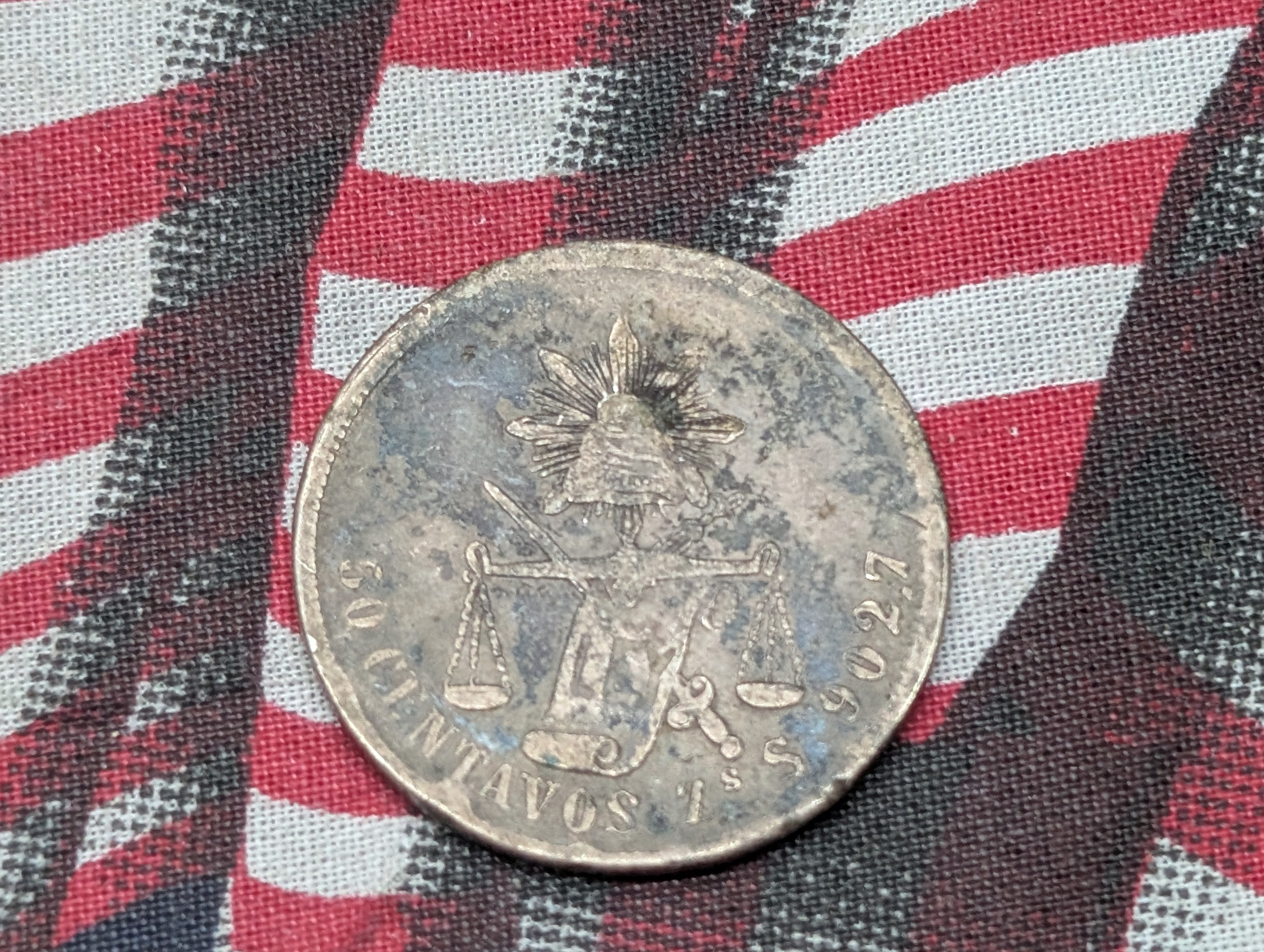 1879 Mexico 50 Centavos Coin, 90% Silver, 13.53g.