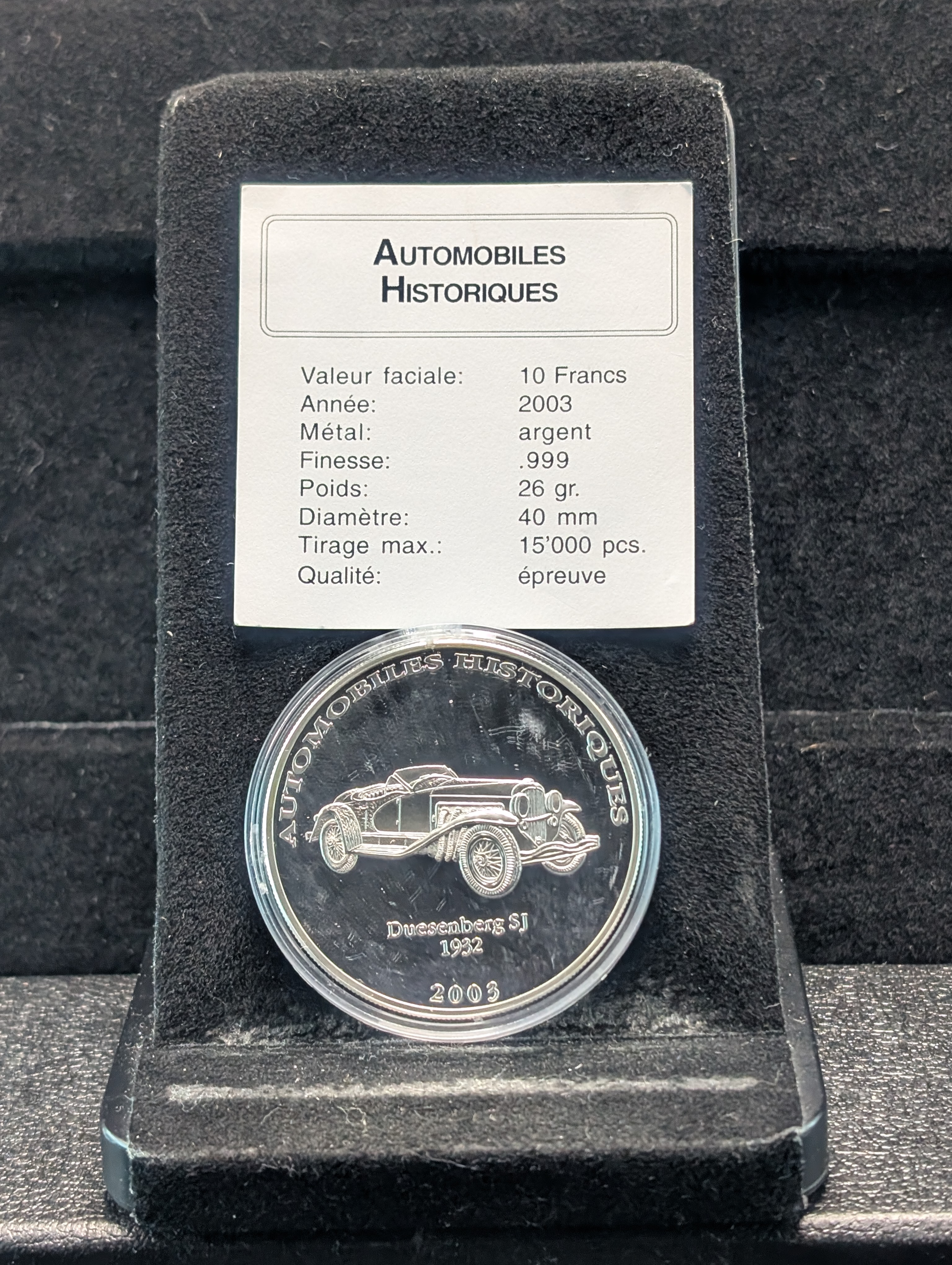 2003 Congo Historic Automobiles, 1932 Duesenberg SJ, 10 Francs Coin, .999 Fine Silver 26g