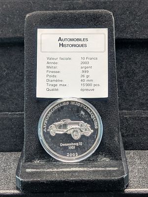 2003 Congo Historic Automobiles, 1932 Duesenberg SJ, 10 Francs Coin, .999 Fine Silver 