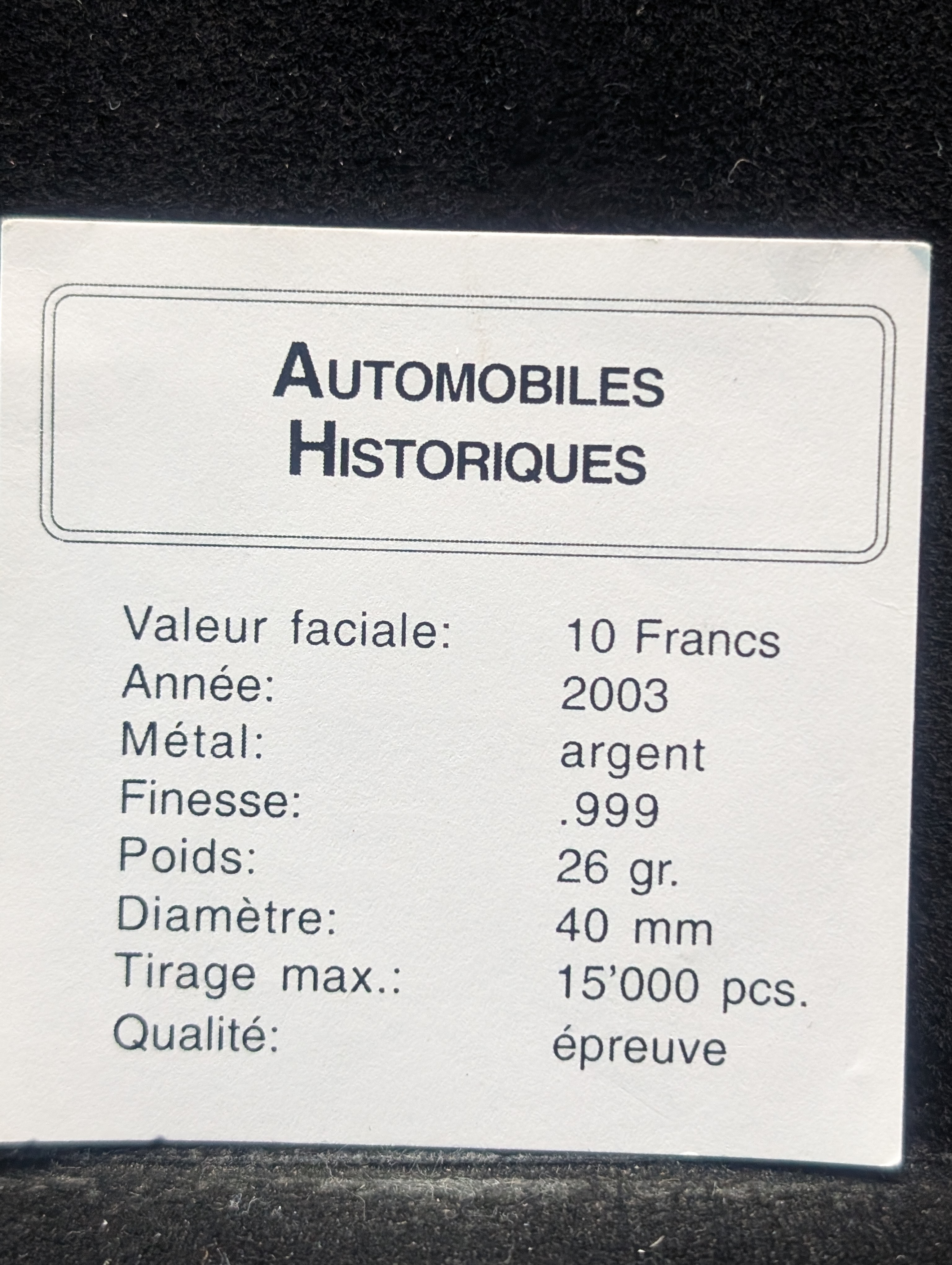 2003 Congo Historic Automobiles, 1932 Duesenberg SJ, 10 Francs Coin, .999 Fine Silver 26g