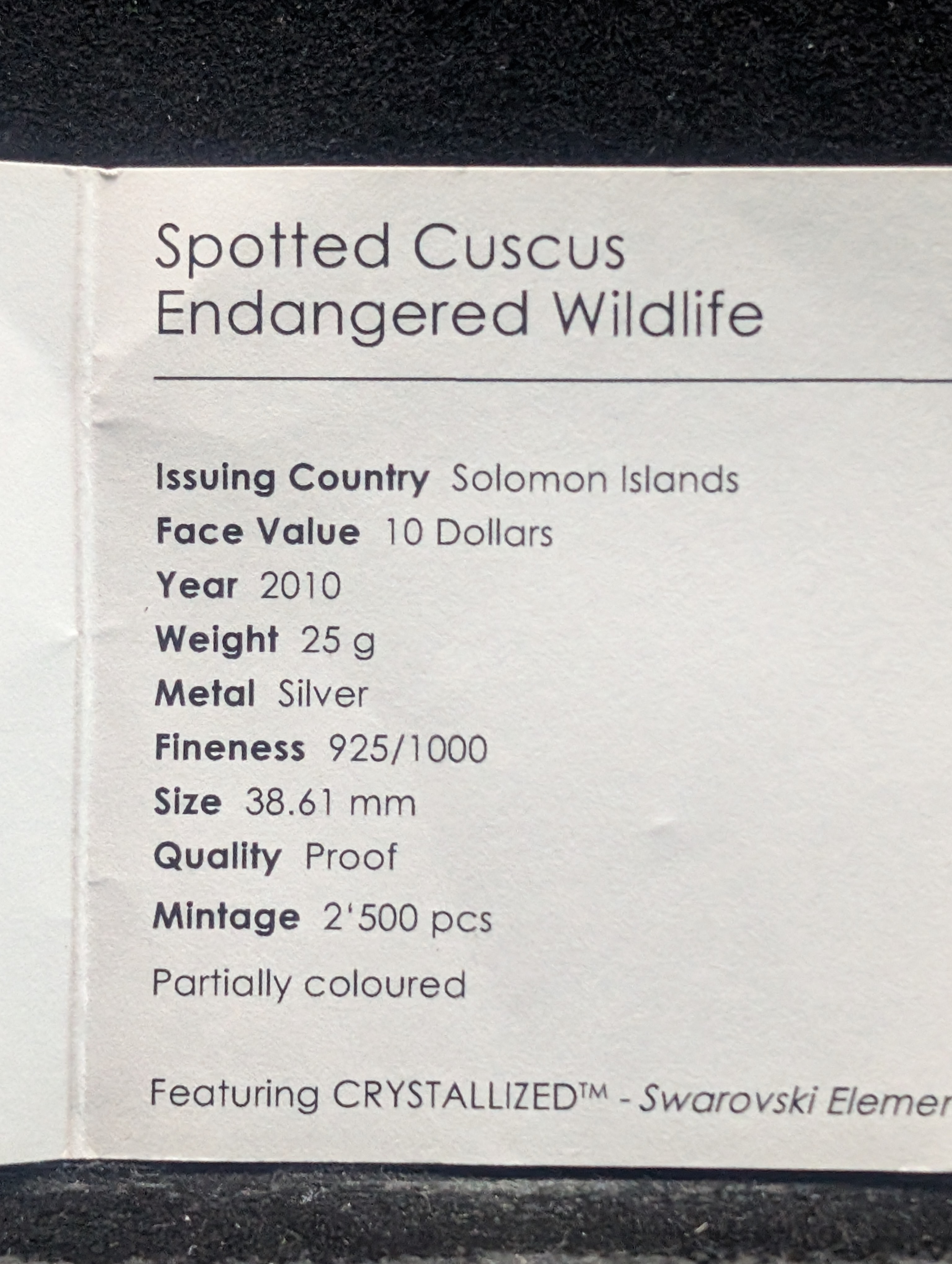 2010 Solomon Islands, Spotted Cuscus, Ten Dollars Coin, 25g, Sterling Silver With COA