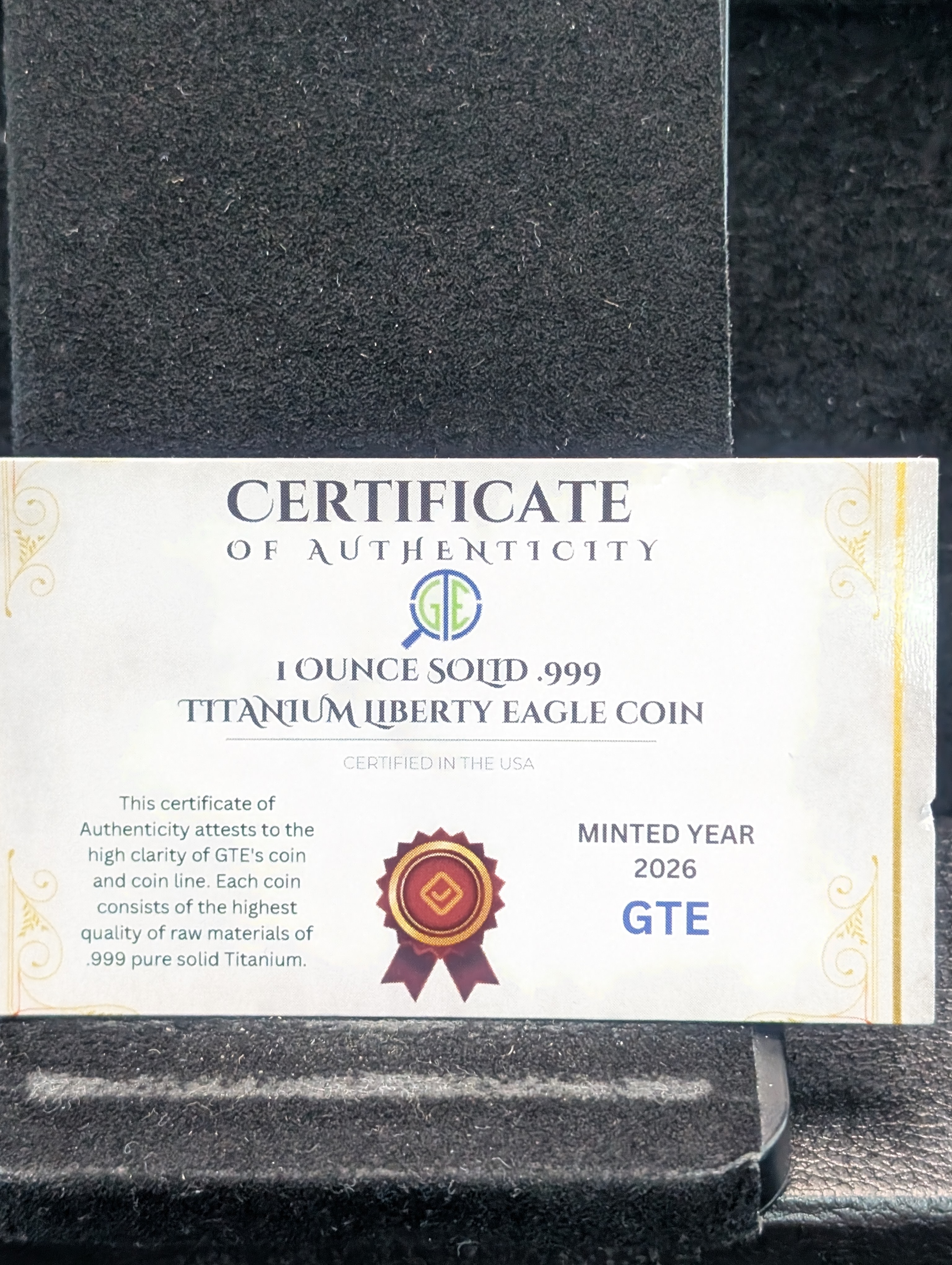 2026 One Troy Ounce .999 Fine Titanium Round, American Eagle Style with COA