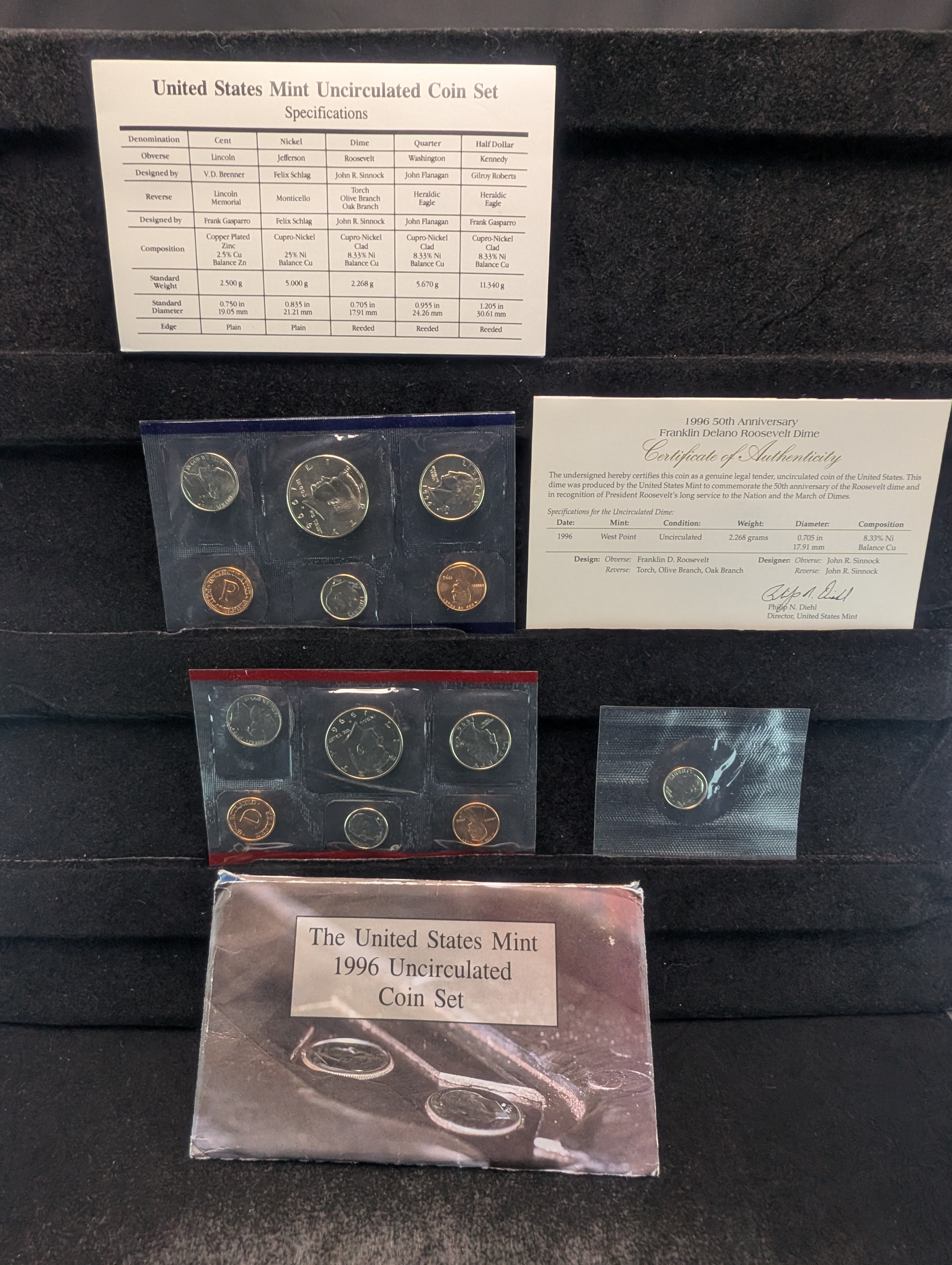 1996-P&D Unc. U.S. Mint Set and 50th Anniversary Roosevelt Dime in OGP w/ COA