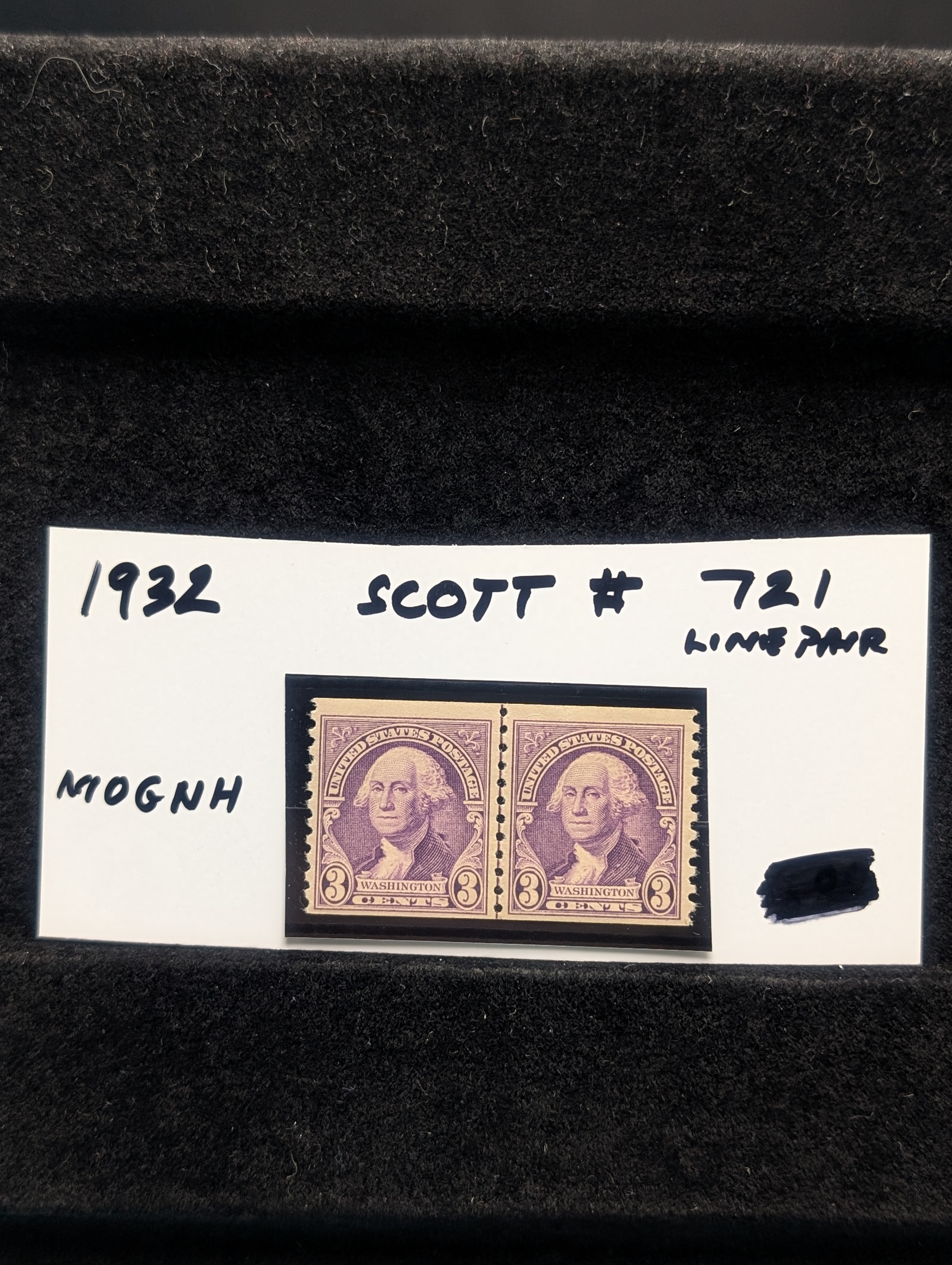 1932 Washington 3 Cent Line Pair Stamps, Scott # 721, Mint, Original Gum, Never Hinged