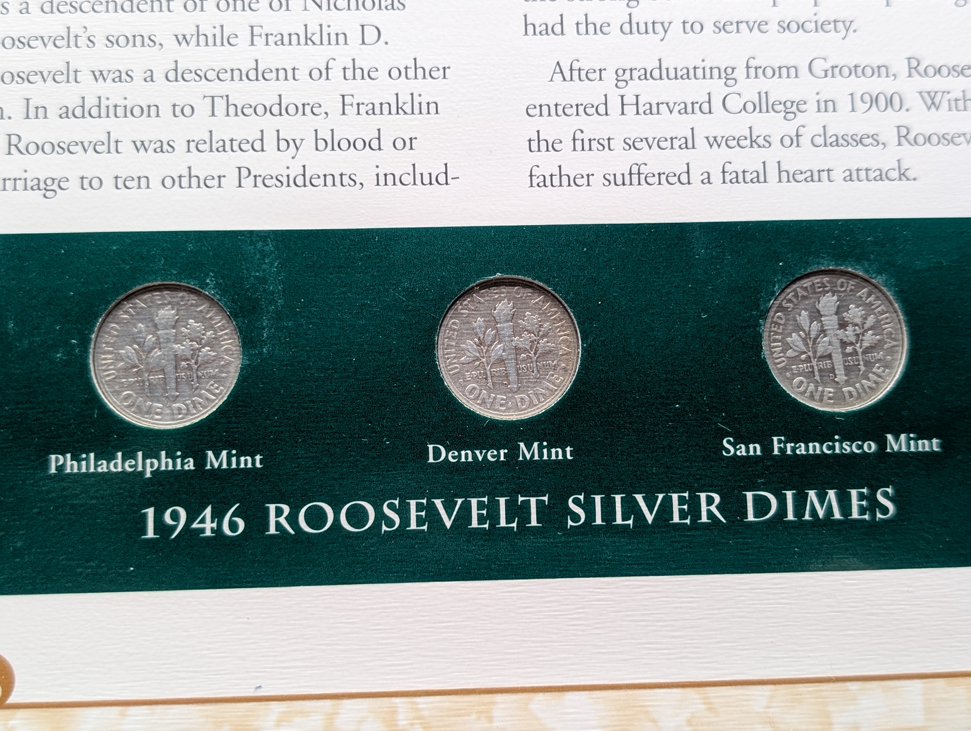 1946 P, D, & S Silver Roosevelt Dimes with Stamp in Binder Sleeve Display - All Are 90% Silver