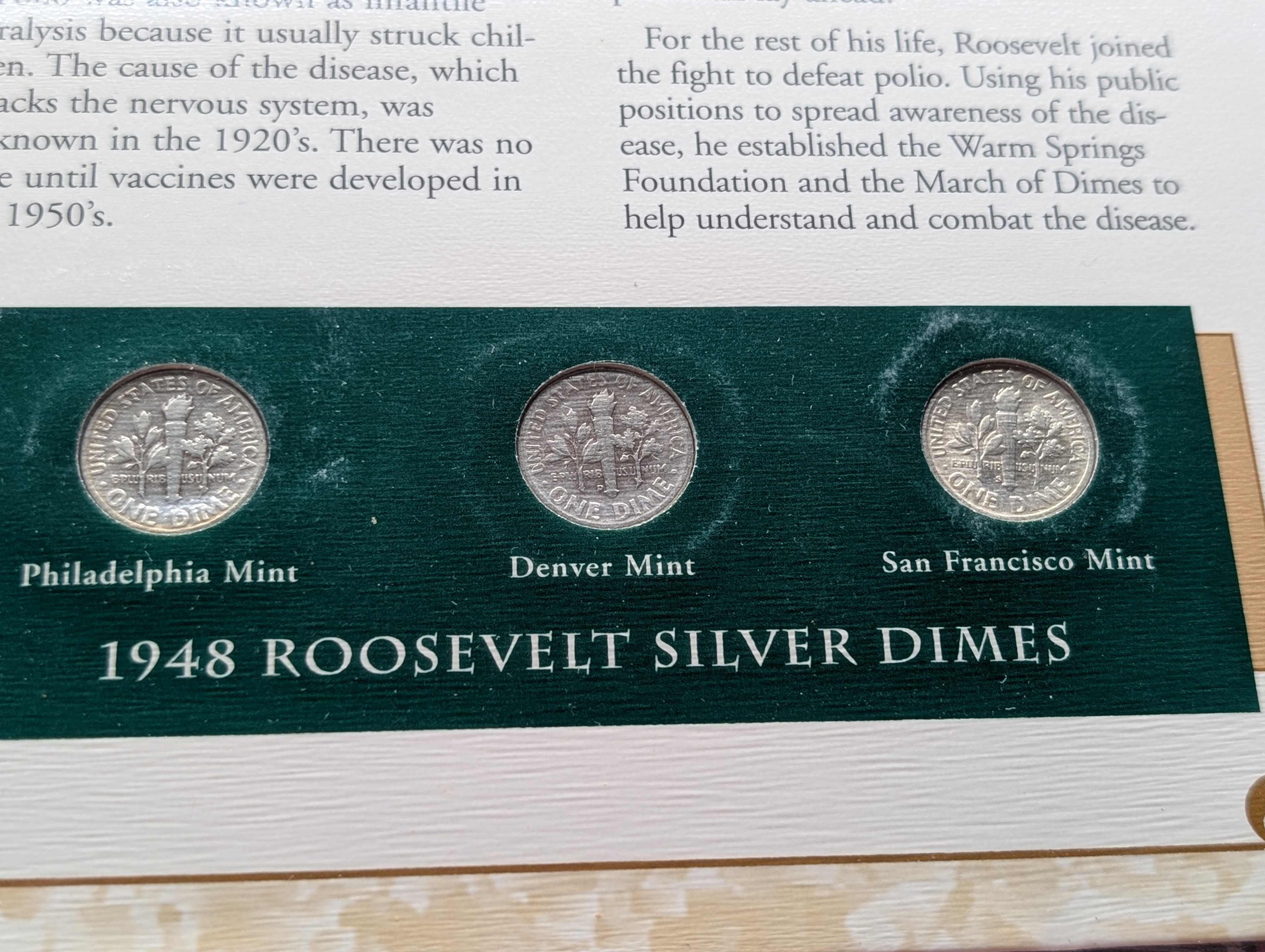 1948 P, D, & S Silver Roosevelt Dimes with Stamp in Binder Sleeve Display - All Are 90% Silver