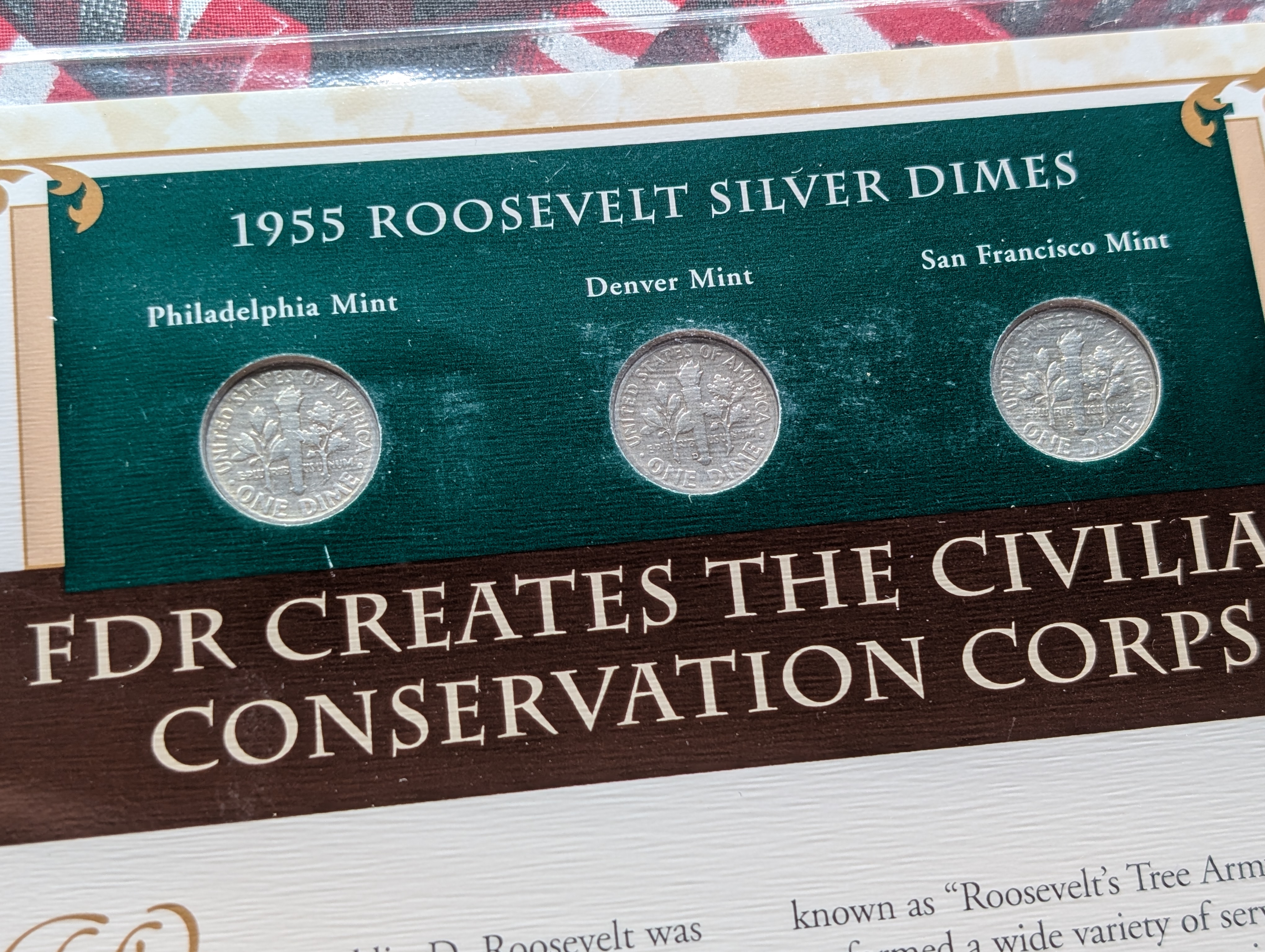 1955 P, D, & S Silver Roosevelt Dimes with Stamp in Binder Sleeve Display - All Are 90% Silver
