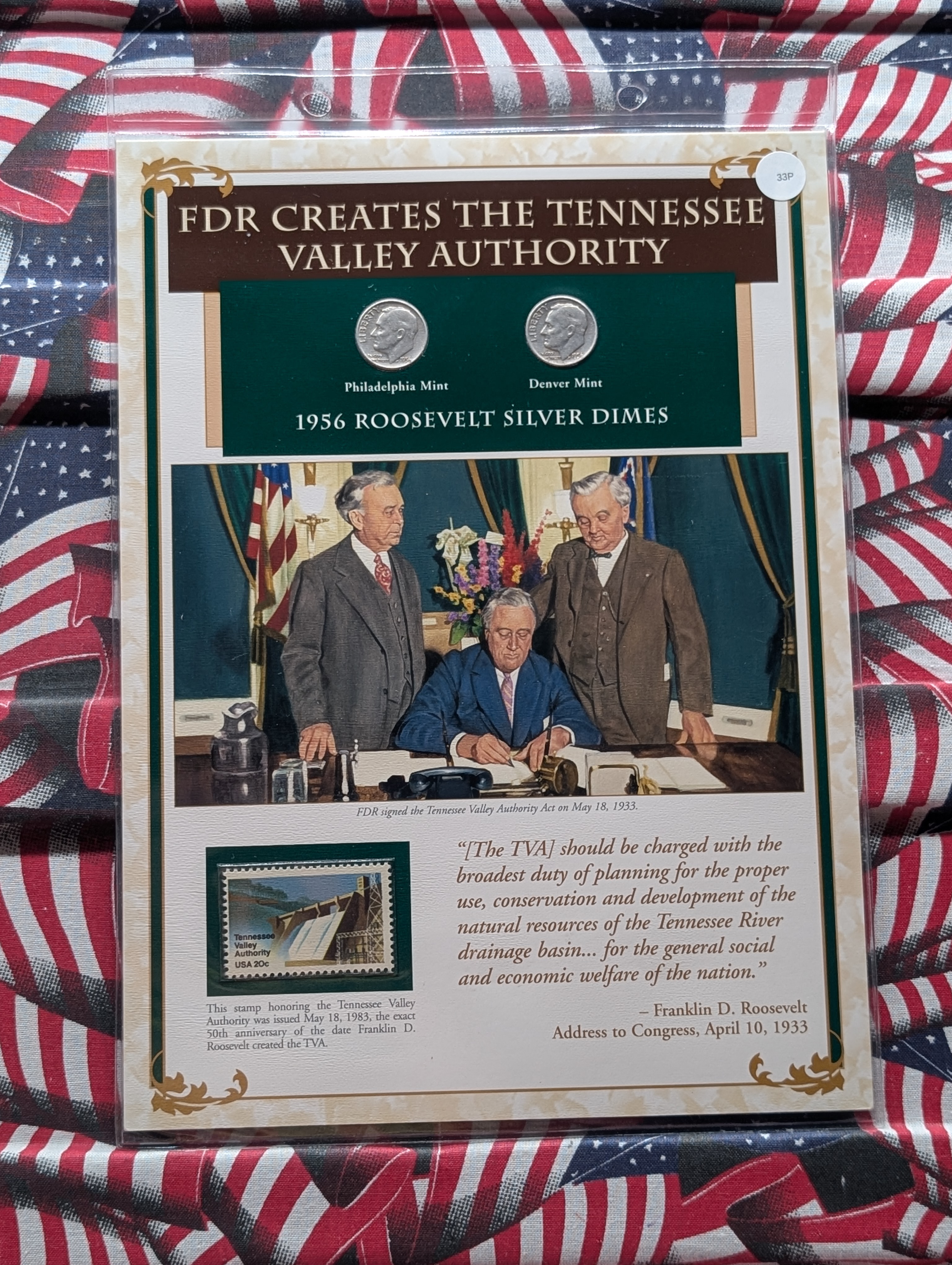 1956 P & D Silver Roosevelt Dimes with Stamp in Binder Sleeve Display - Both Are 90% Silver