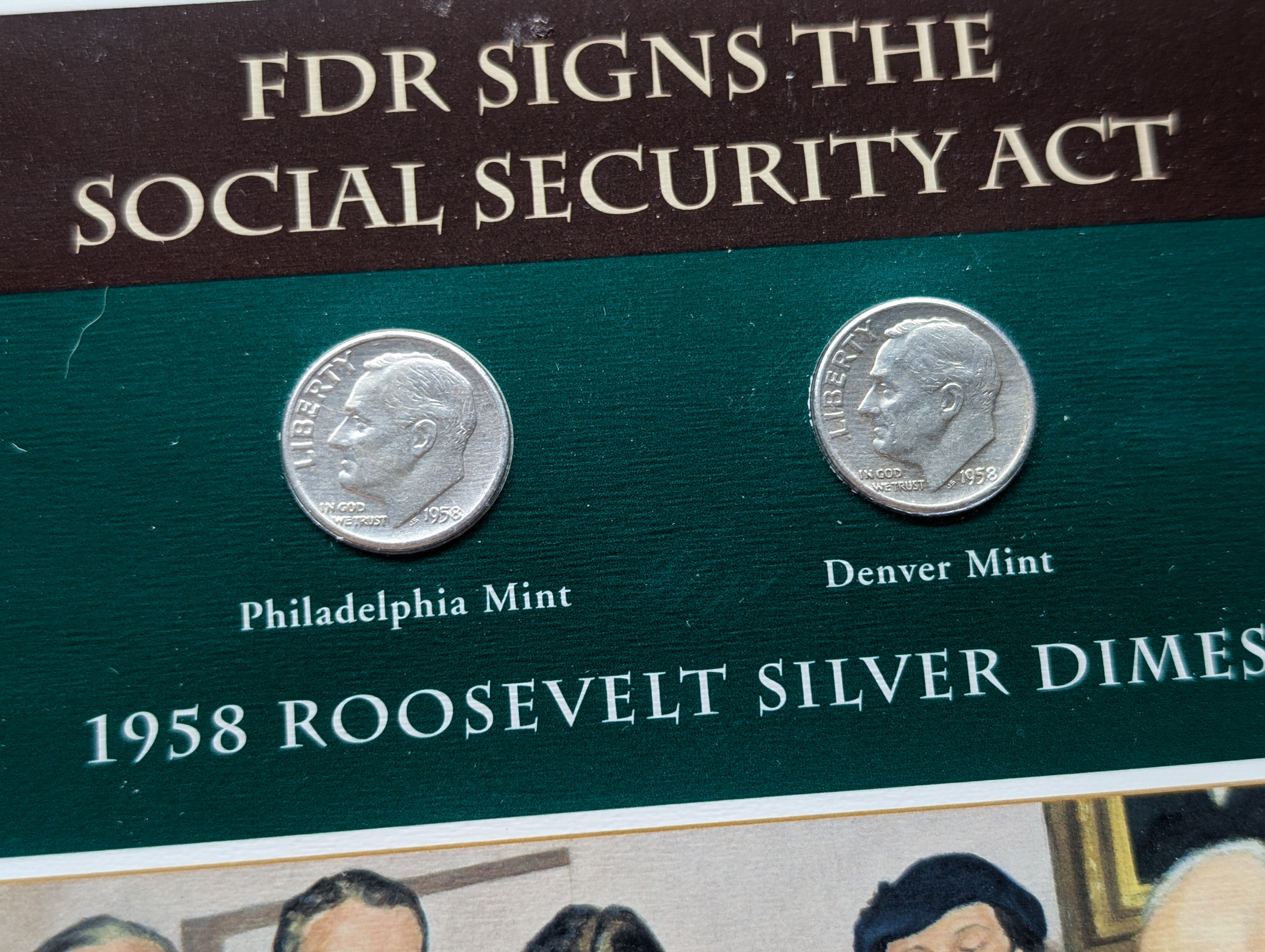 1958 P& D Silver Roosevelt Dimes with Stamp in Binder Sleeve Display - Both Are 90% Silver