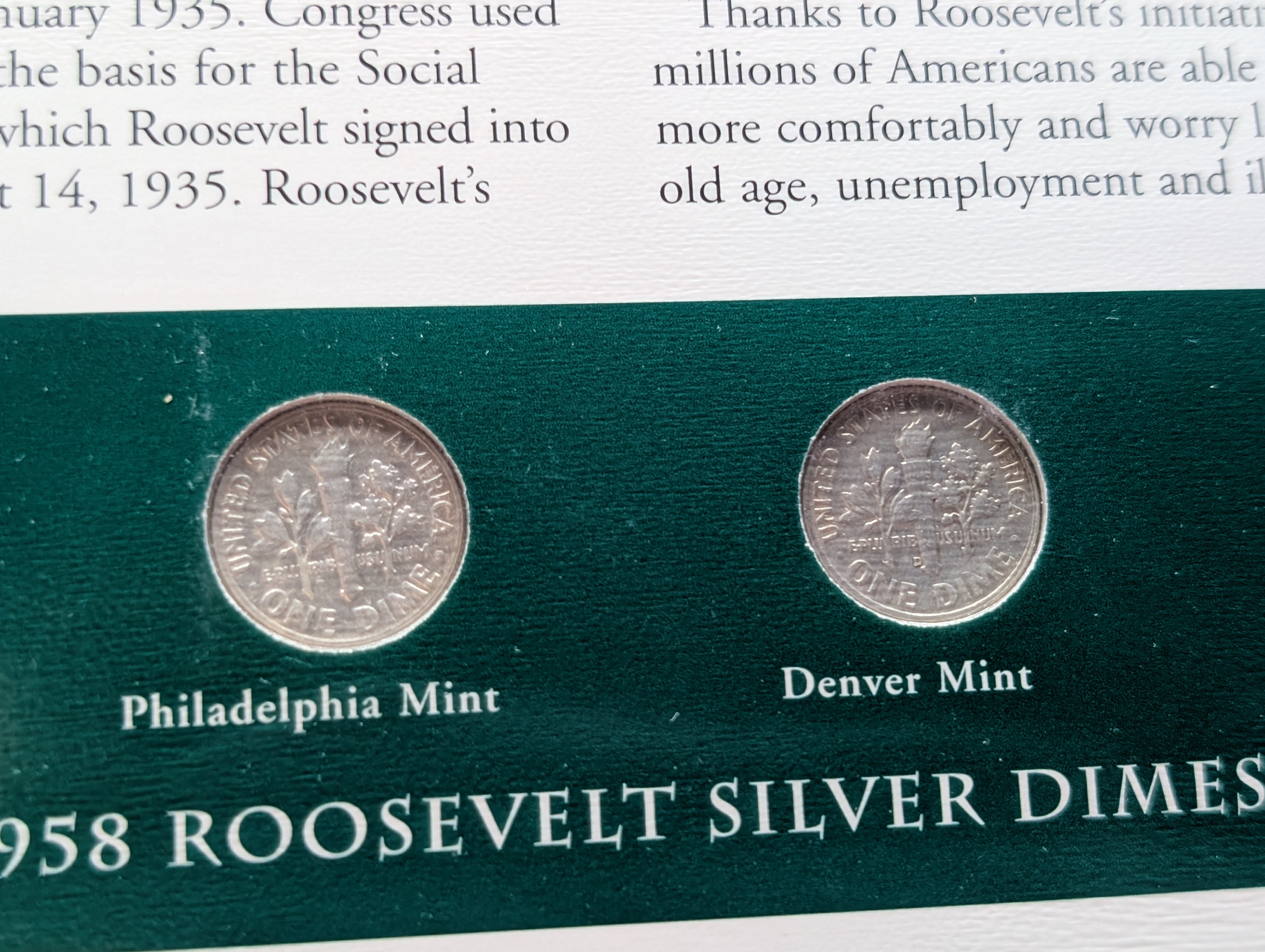 1958 P& D Silver Roosevelt Dimes with Stamp in Binder Sleeve Display - Both Are 90% Silver