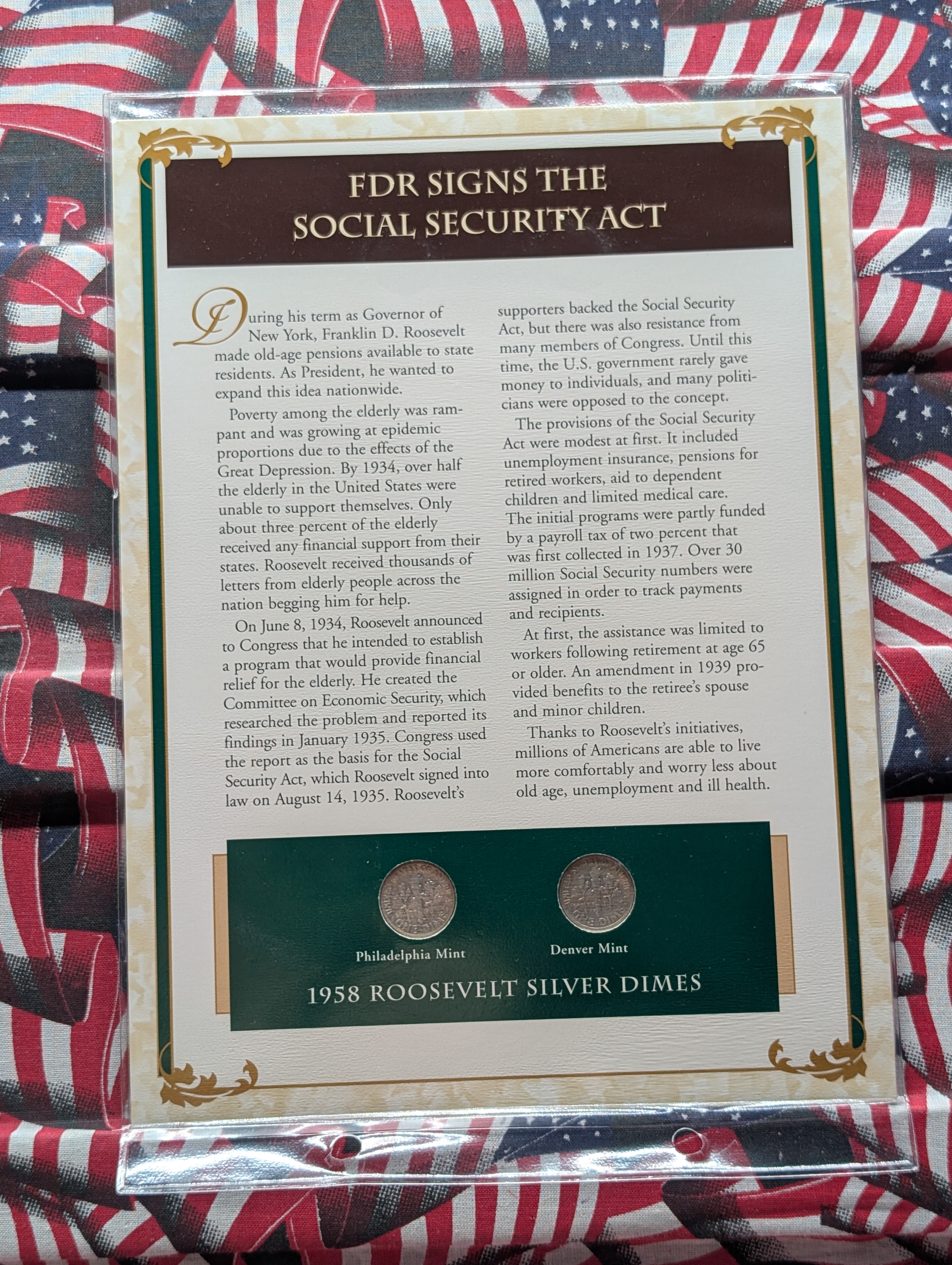 1958 P& D Silver Roosevelt Dimes with Stamp in Binder Sleeve Display - Both Are 90% Silver