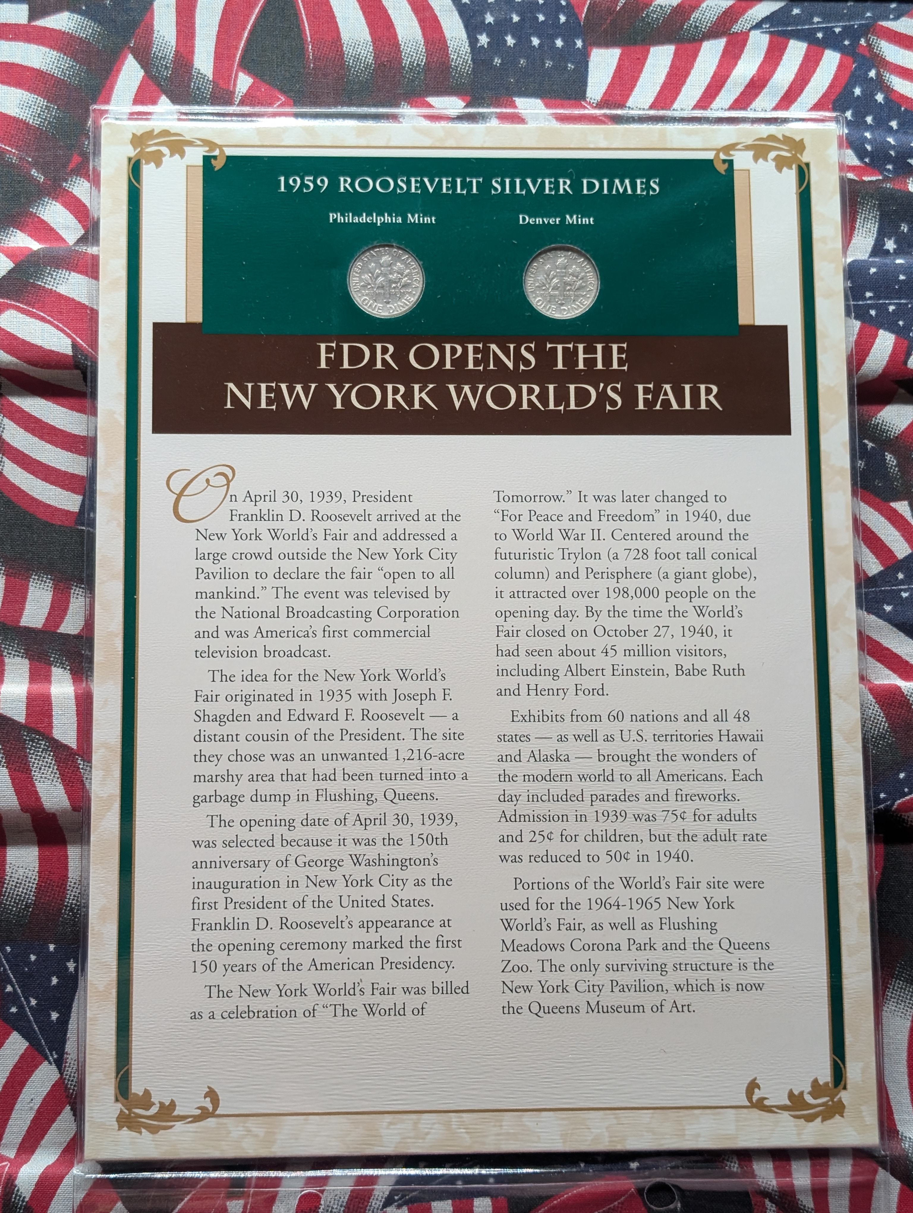 1959 P& D Silver Roosevelt Dimes with Stamp in Binder Sleeve Display - Both Are 90% Silver