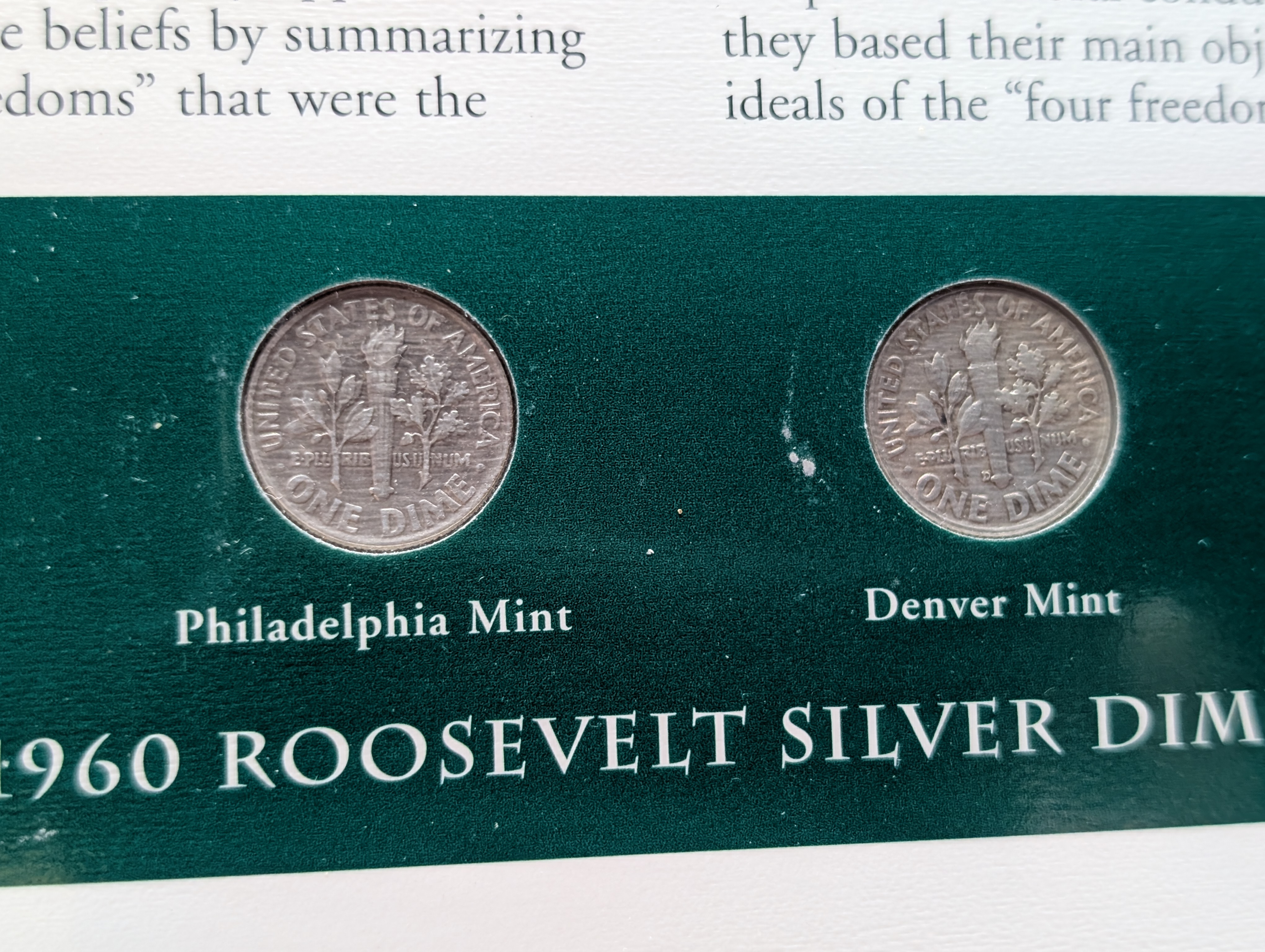 1960 P& D Silver Roosevelt Dimes with Stamp in Binder Sleeve Display - Both Are 90% Silver