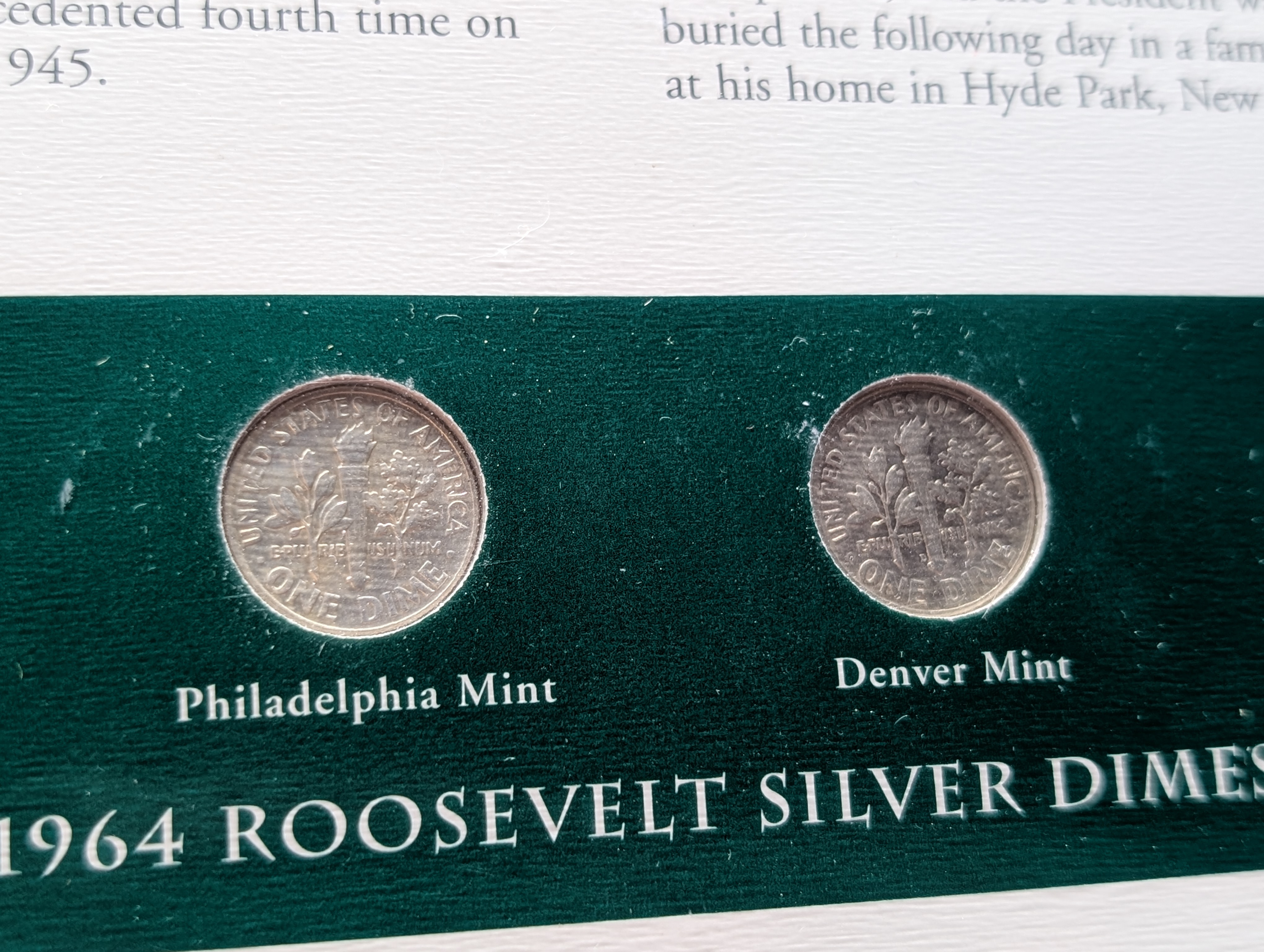 1964 P& D Silver Roosevelt Dimes with Stamp in Binder Sleeve Display - Both Are 90% Silver