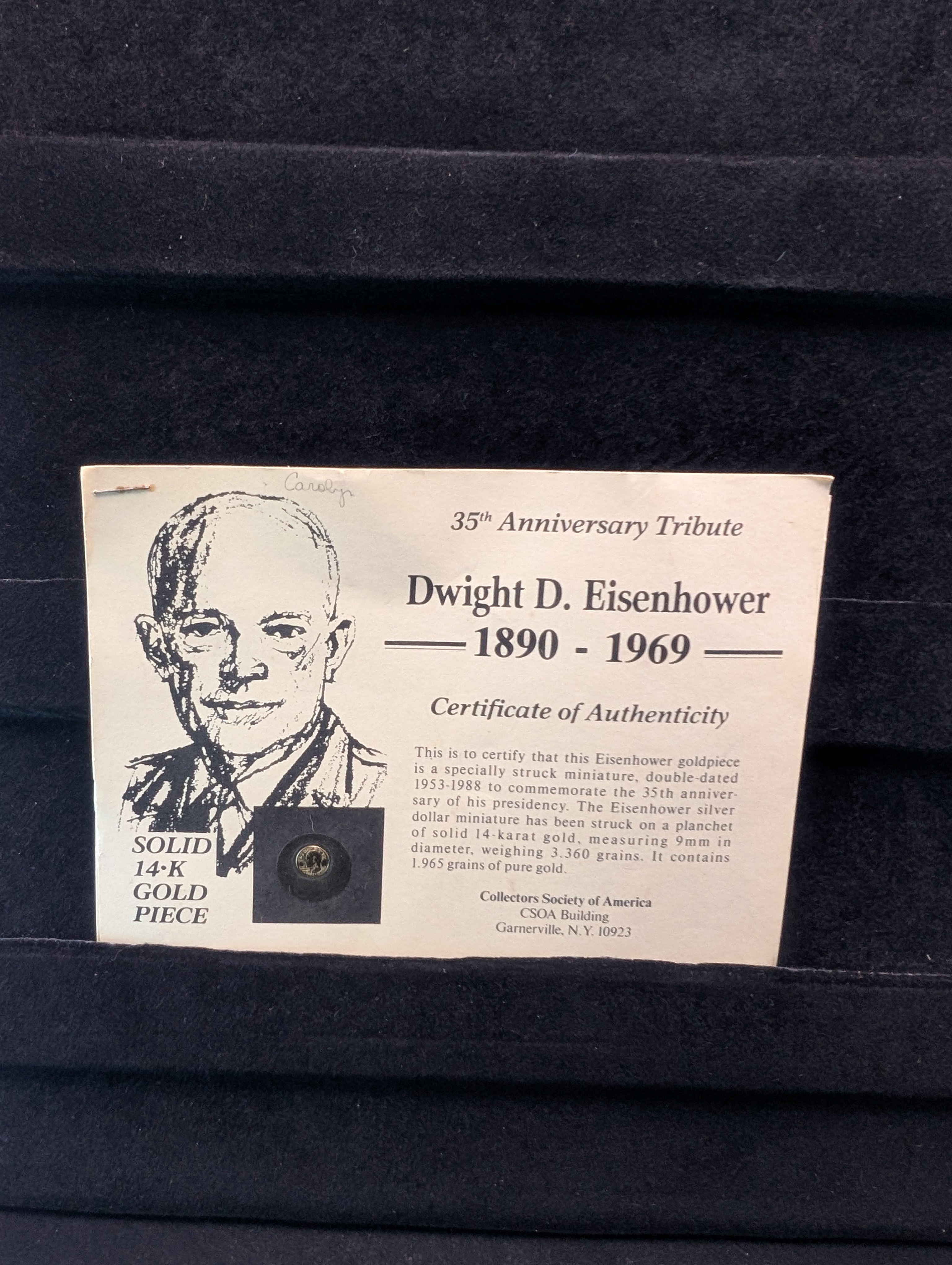 35th Anniversary Dwight D. Eisenhower Solid 14-K Gold Piece, 1.965 Grains Pure Gold