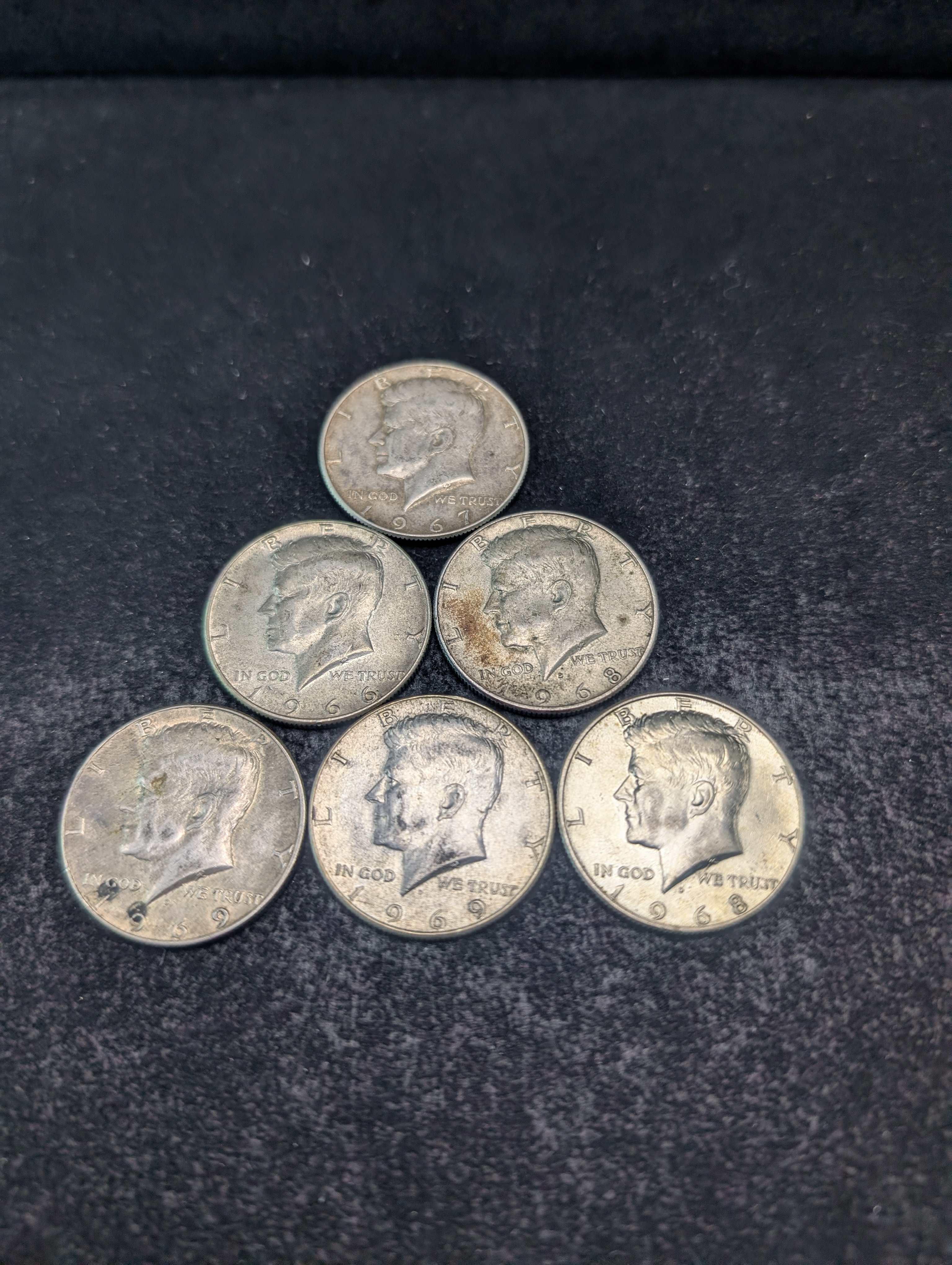 (1) 1966, (1) 1967, (2) 1968, & (2) 1969 40% Silver Kennedy Half Dollars