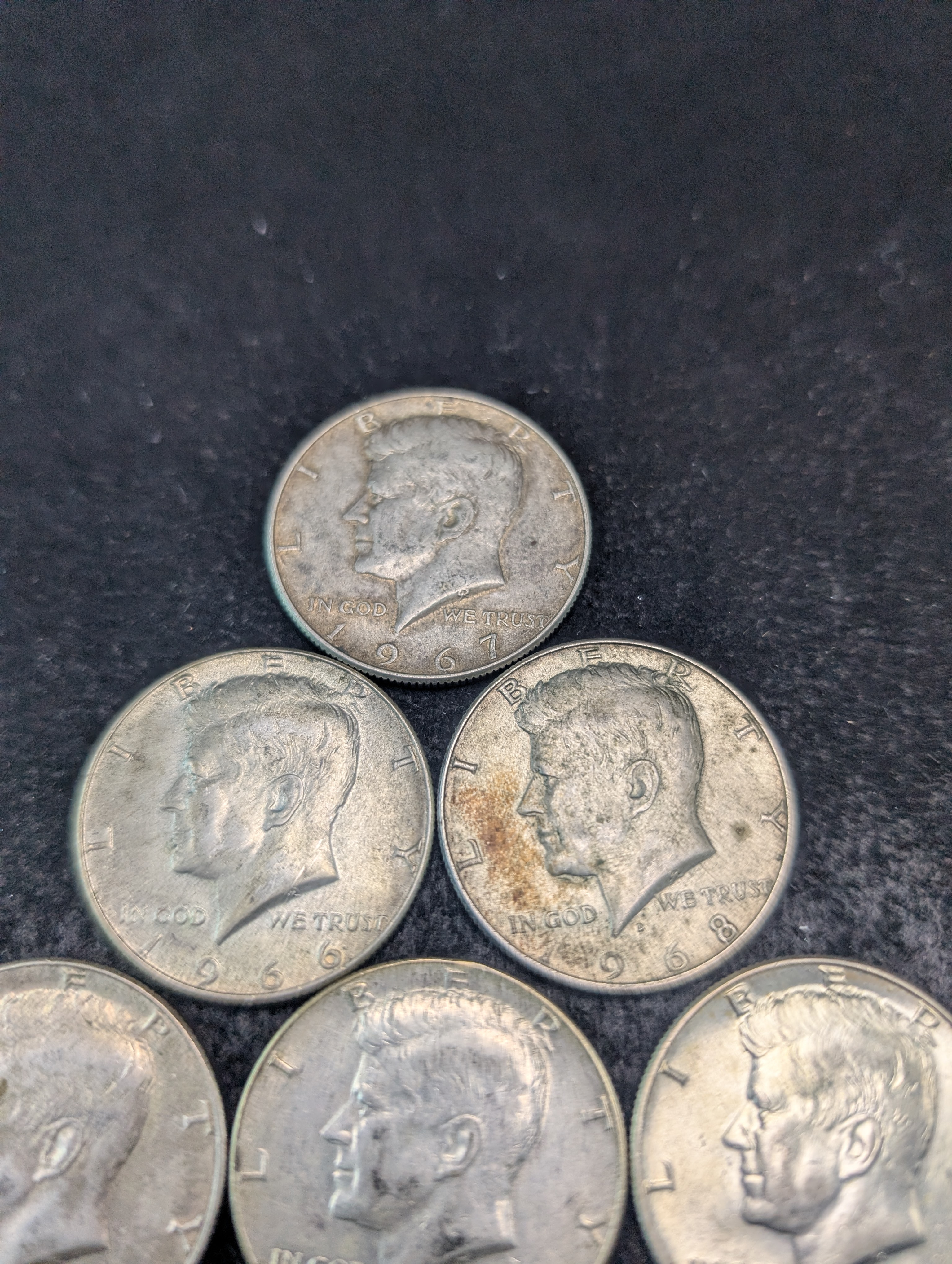 (1) 1966, (1) 1967, (2) 1968, & (2) 1969 40% Silver Kennedy Half Dollars