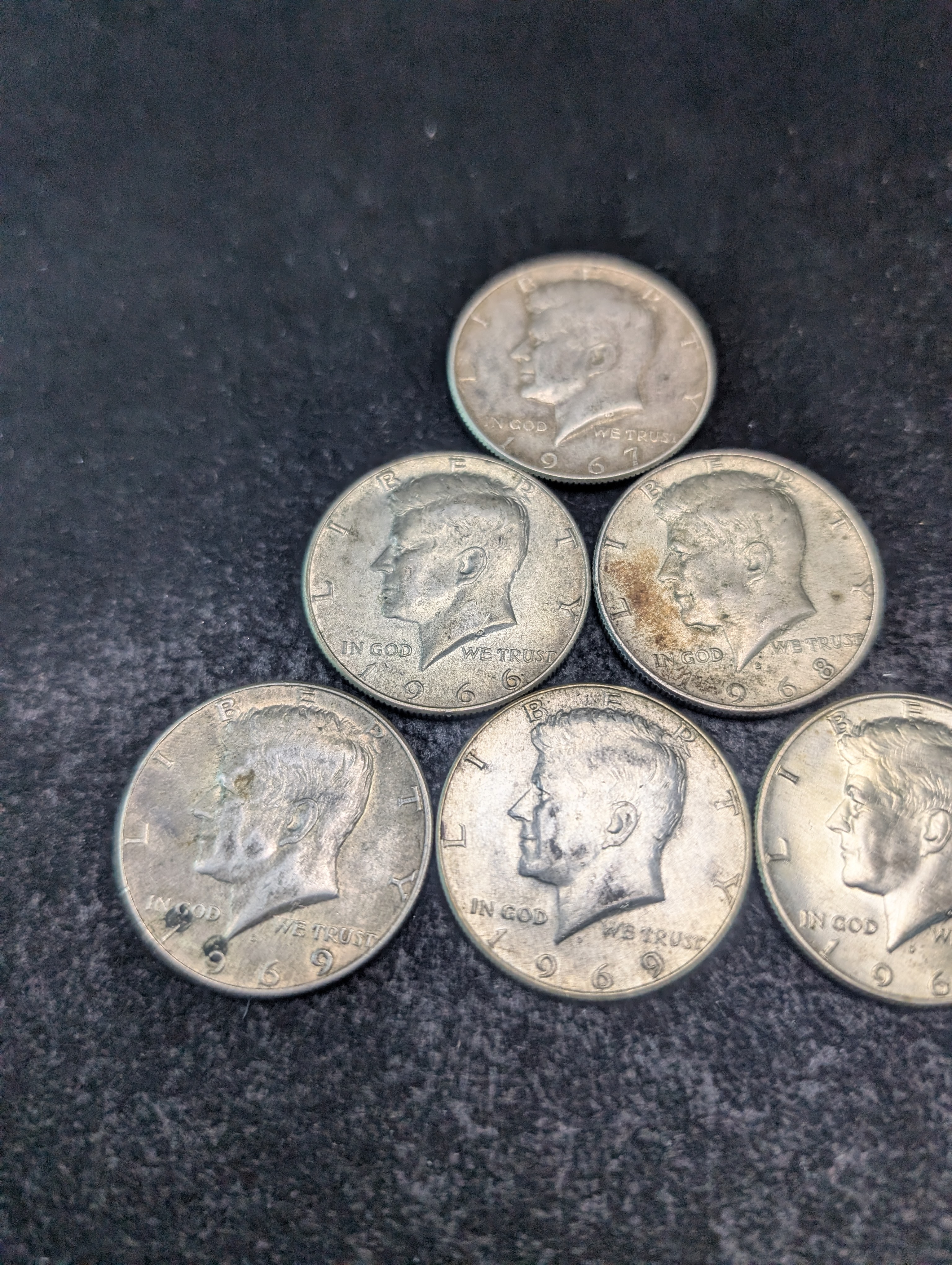 (1) 1966, (1) 1967, (2) 1968, & (2) 1969 40% Silver Kennedy Half Dollars