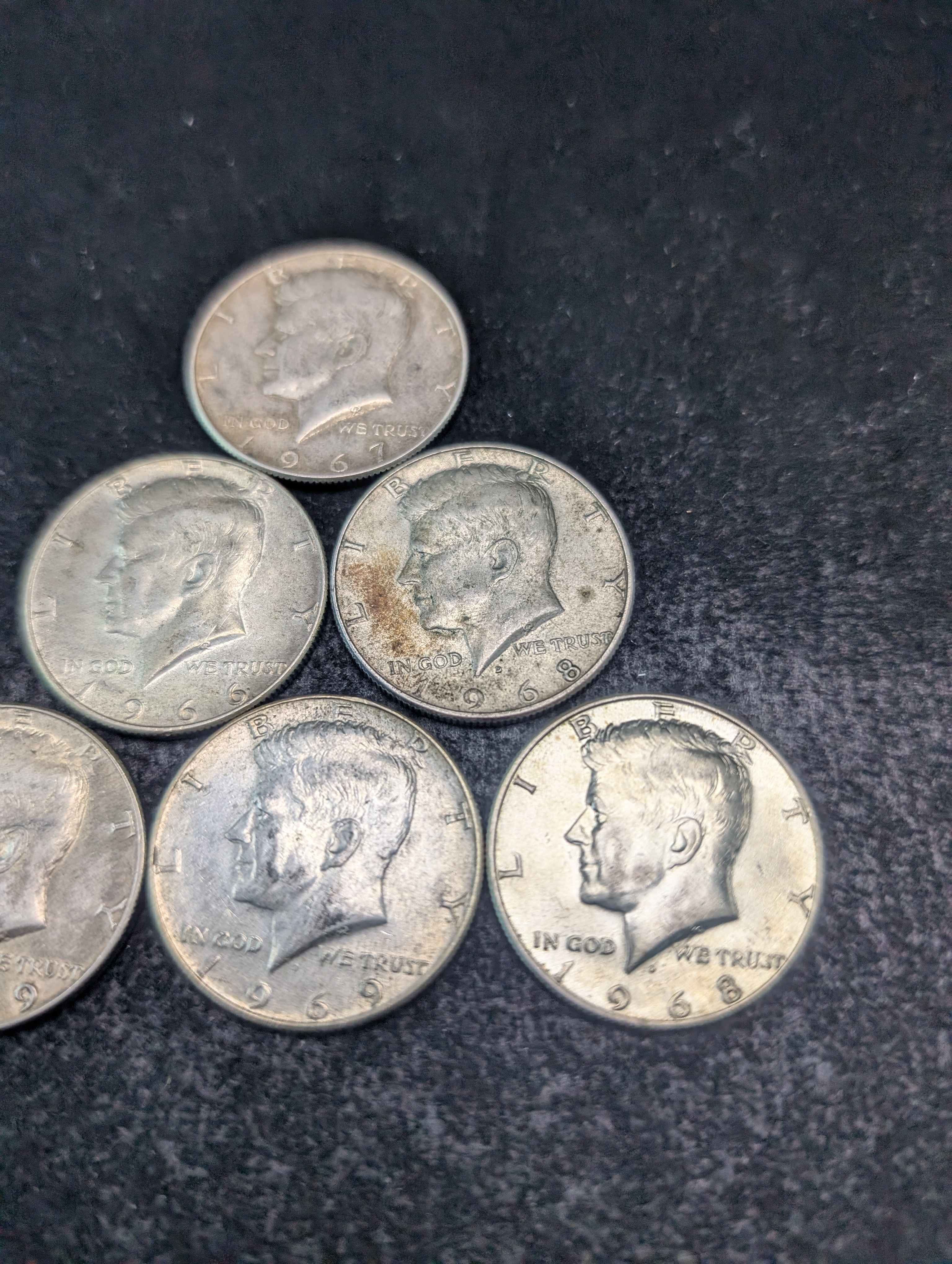 (1) 1966, (1) 1967, (2) 1968, & (2) 1969 40% Silver Kennedy Half Dollars