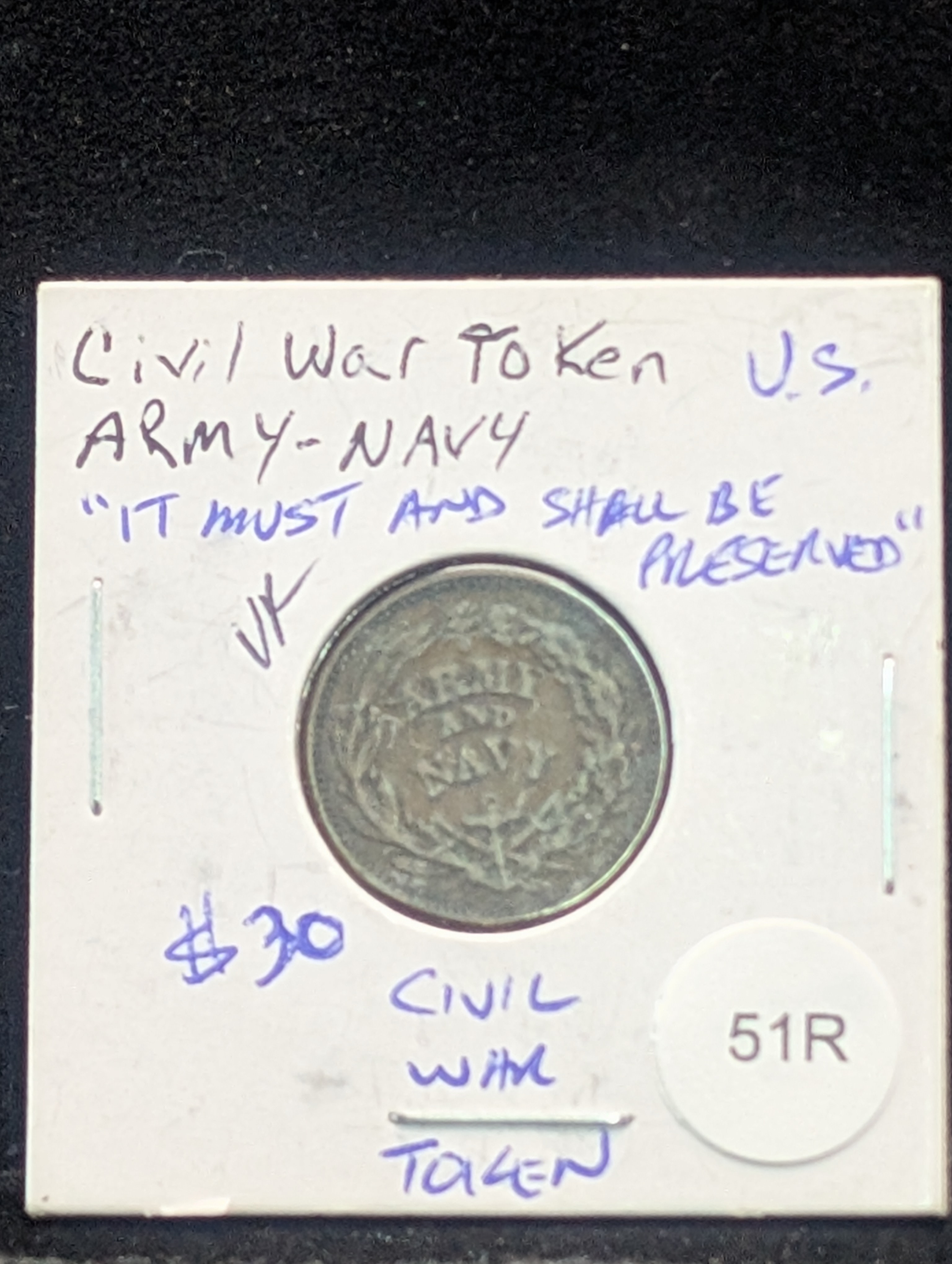 Civil War Token - "Army and Navy" - "It Must and Shall Be Preserved"