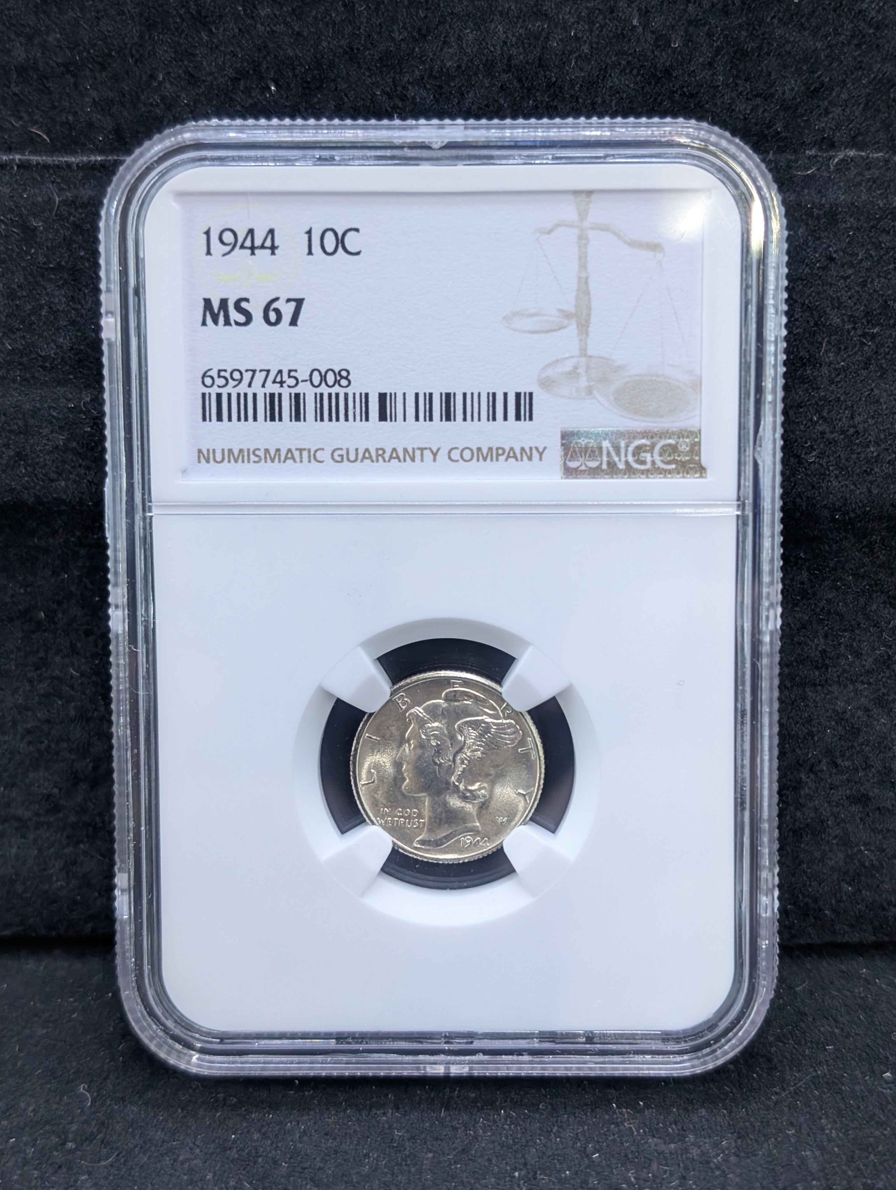 1944 Mercury 90% Silver Dime NGC MS 67