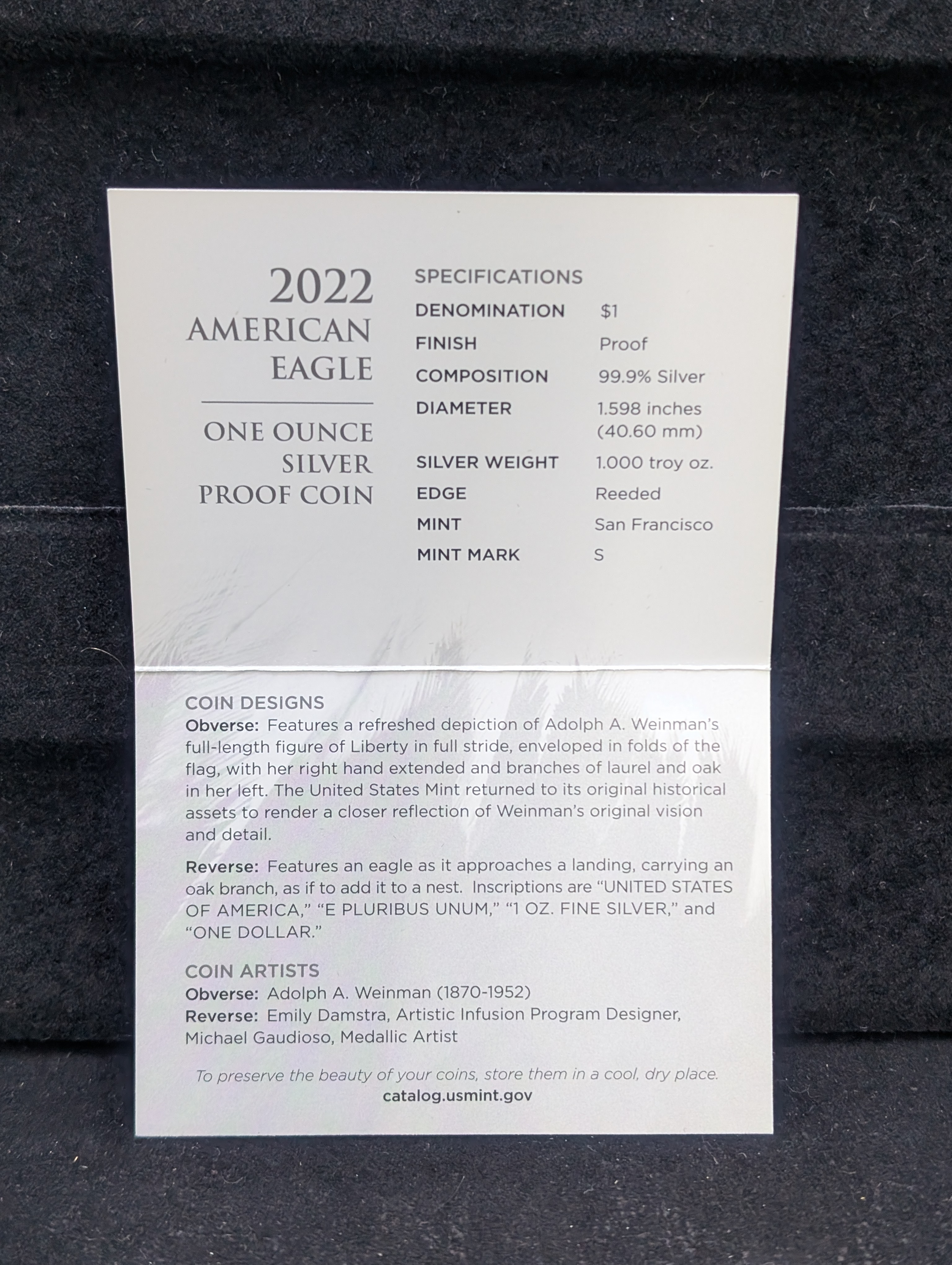 2022-S Type 2, American Silver Eagle, .999 Fine Silver One Troy Ounce