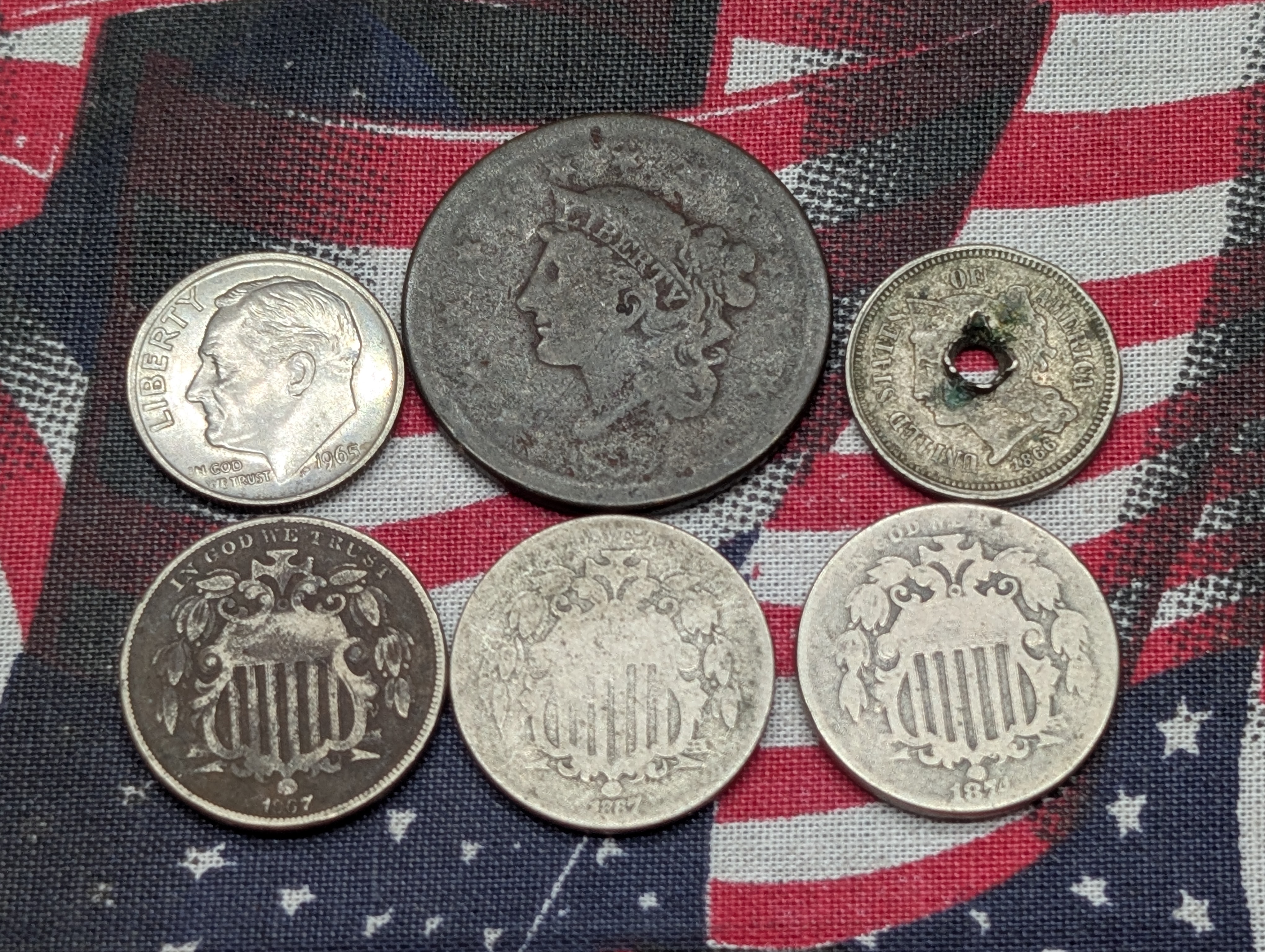 Collection of Assorted U.S. Coins - Includes Shield Nickels, Large Cent, etc. Six Coins Total