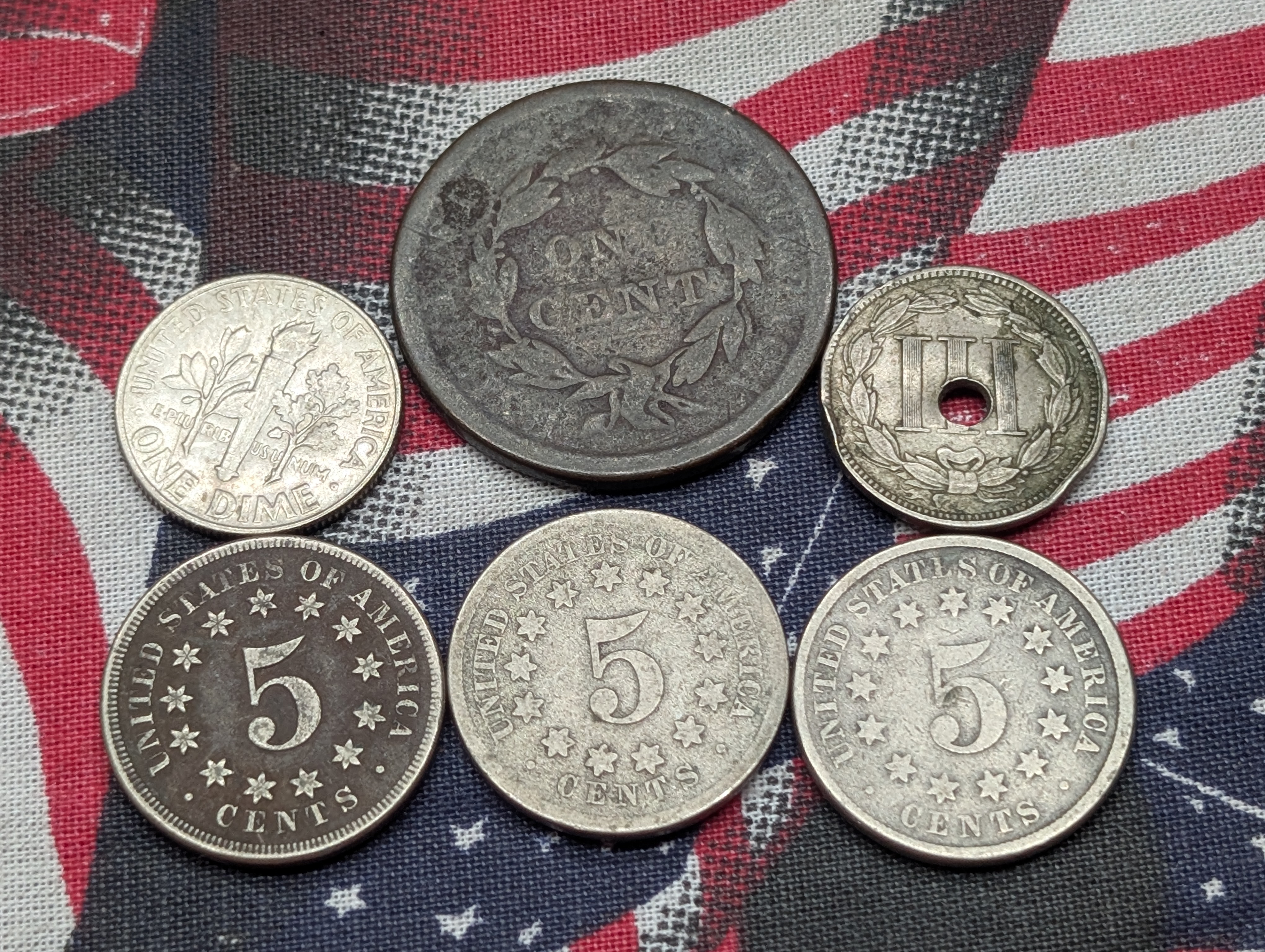 Collection of Assorted U.S. Coins - Includes Shield Nickels, Large Cent, etc. Six Coins Total