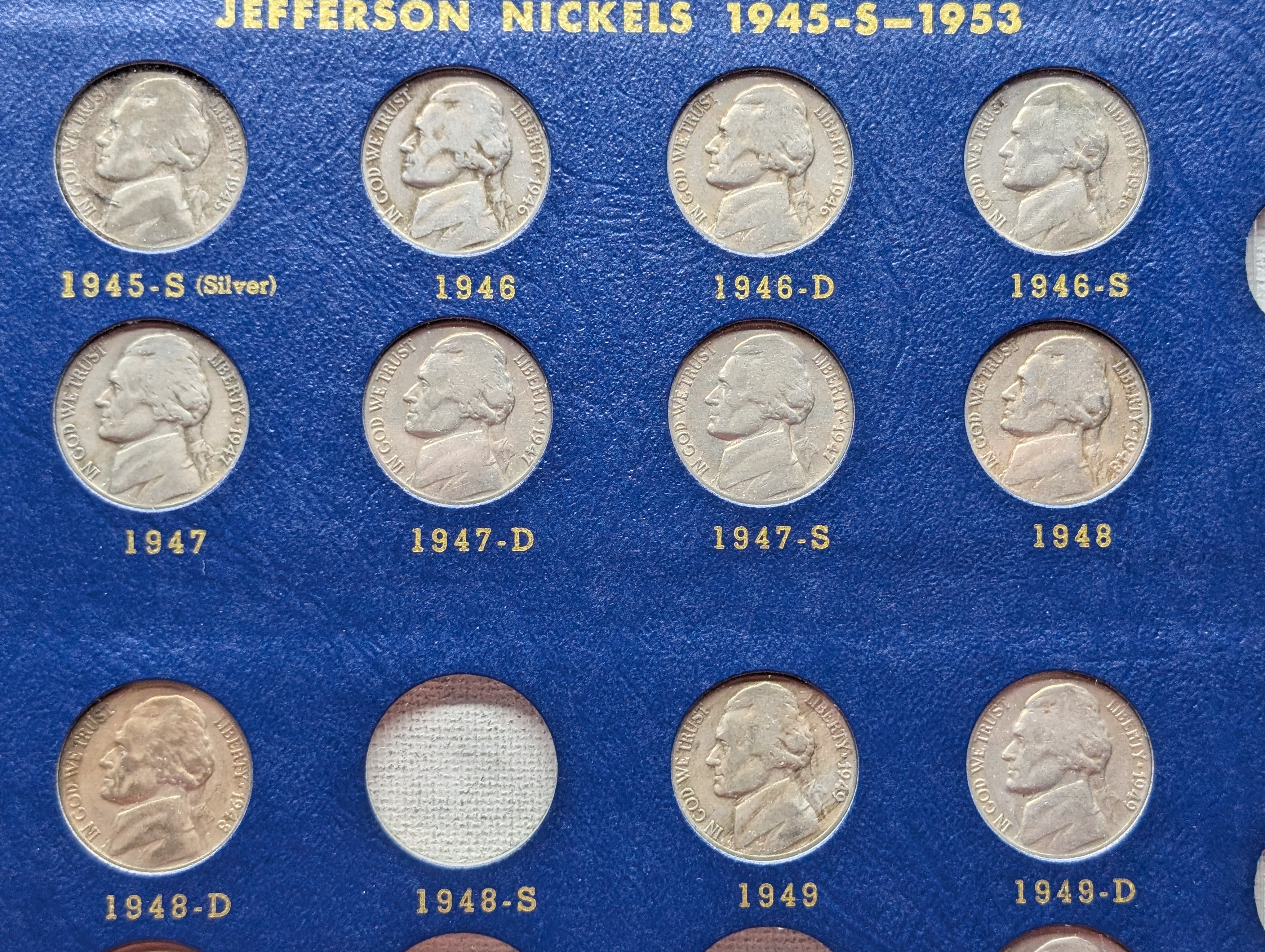 Mostly Complete Set of Jefferson Nickels In Whitman Slide Album - Includes (11) SILVER War-Time Nickels - 60 Coins Total
