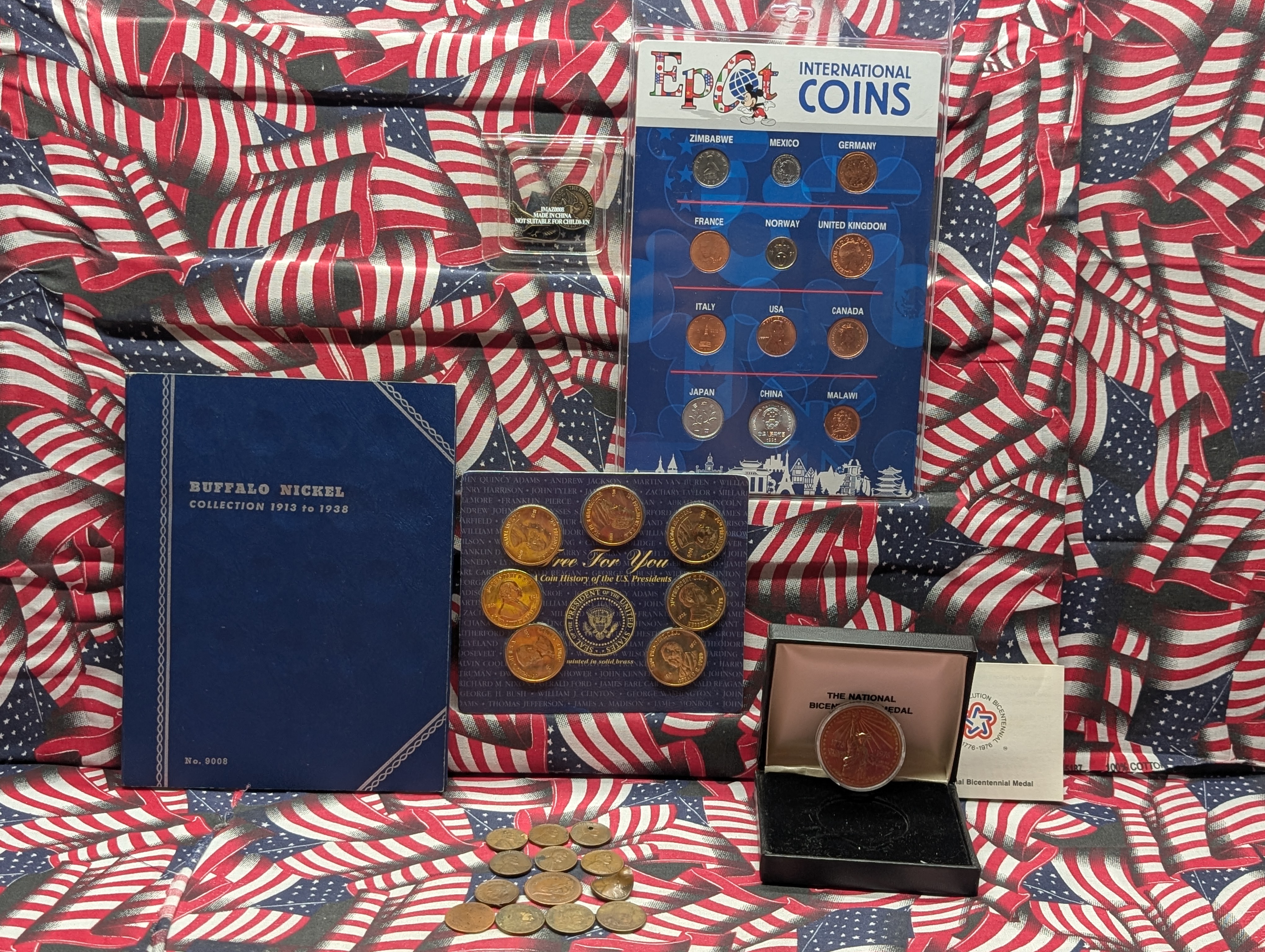 Large Assorted Coin & Token Collection - Buffalo Nickels, Wheat Cents, Epcot International Coins, Presidential Tokens, Eagle Pendant, 1776 M