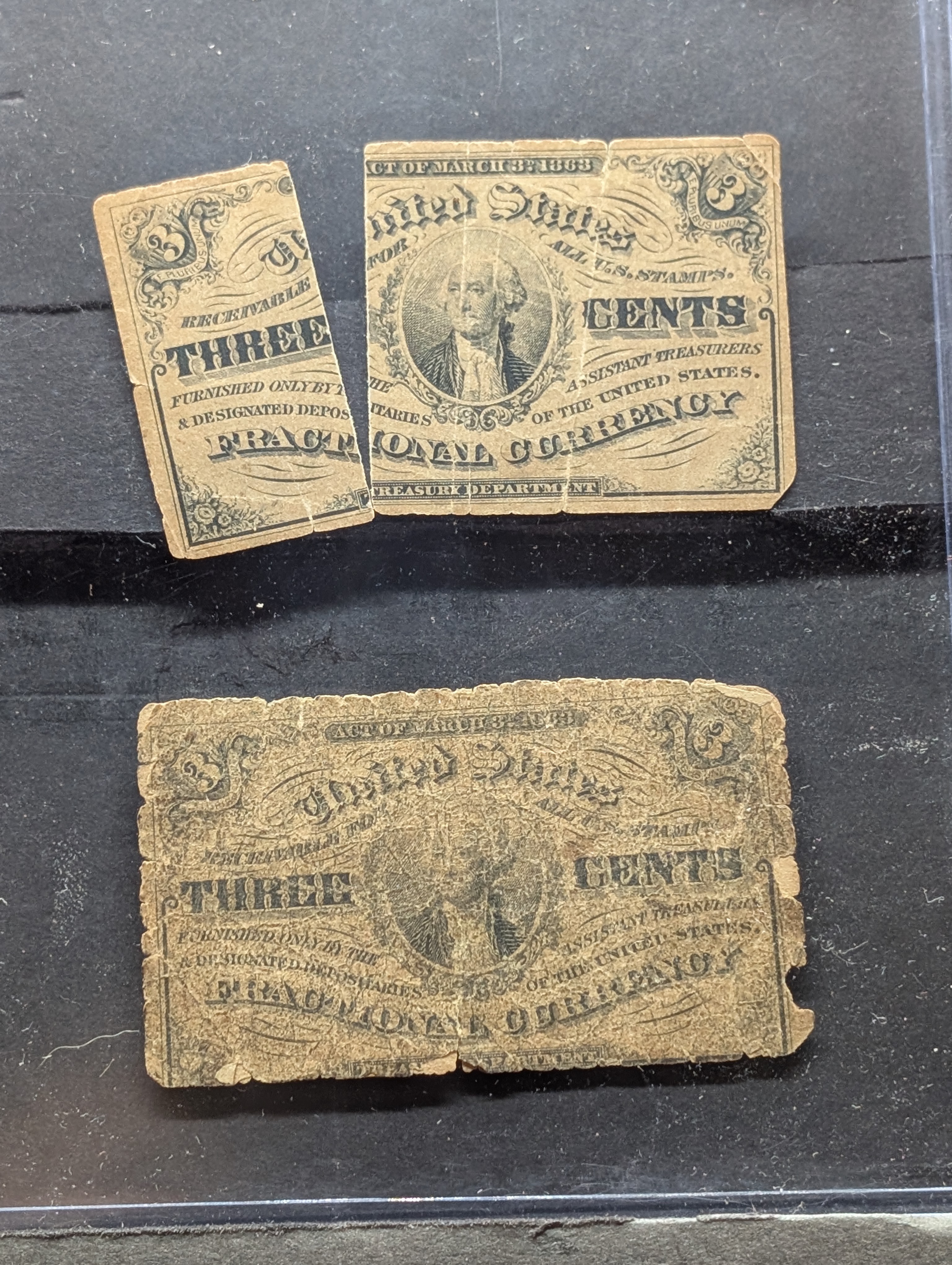 (2) 3-Cent Fractional Currency Notes (top note has a split)