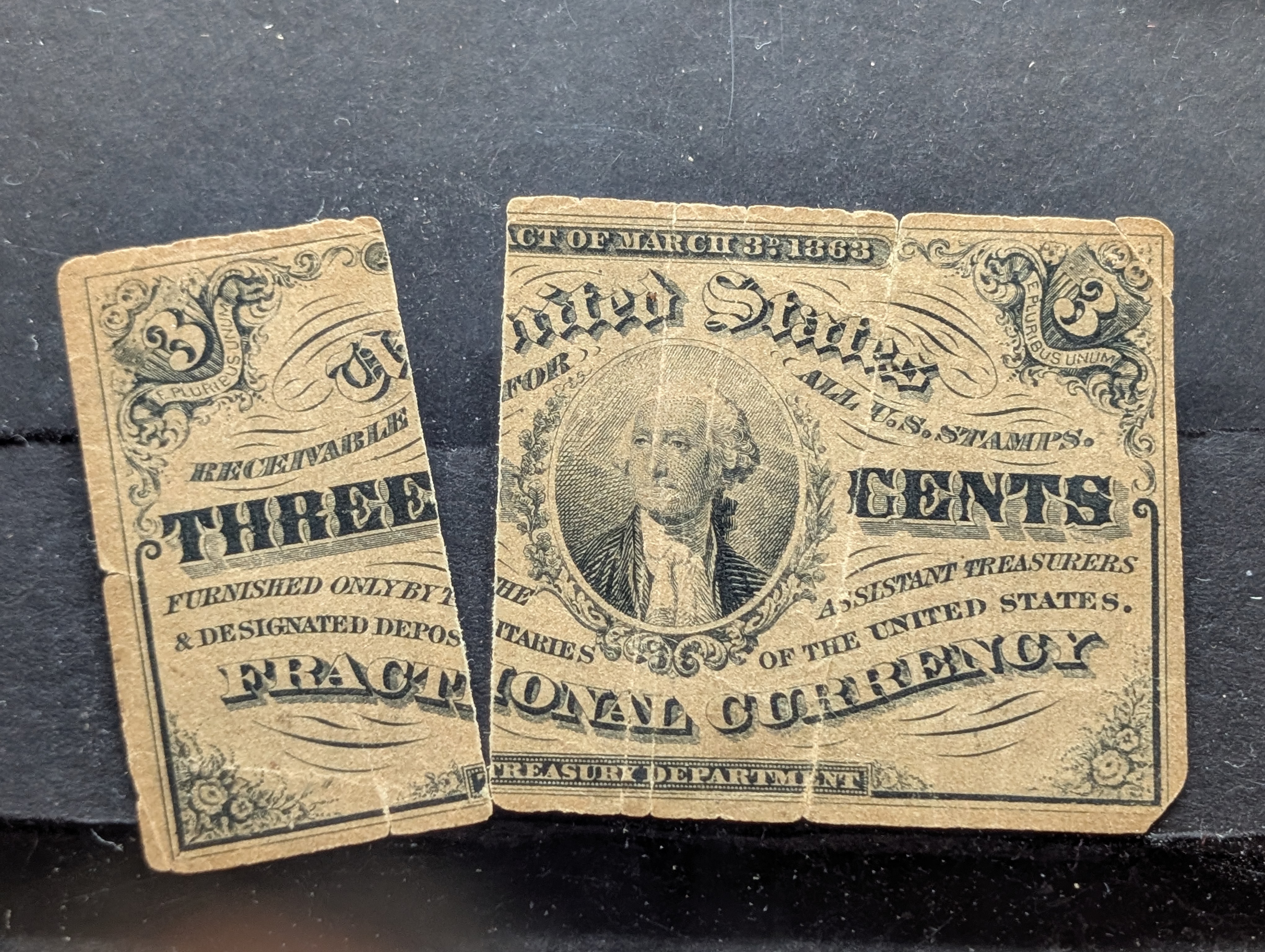 (2) 3-Cent Fractional Currency Notes (top note has a split)