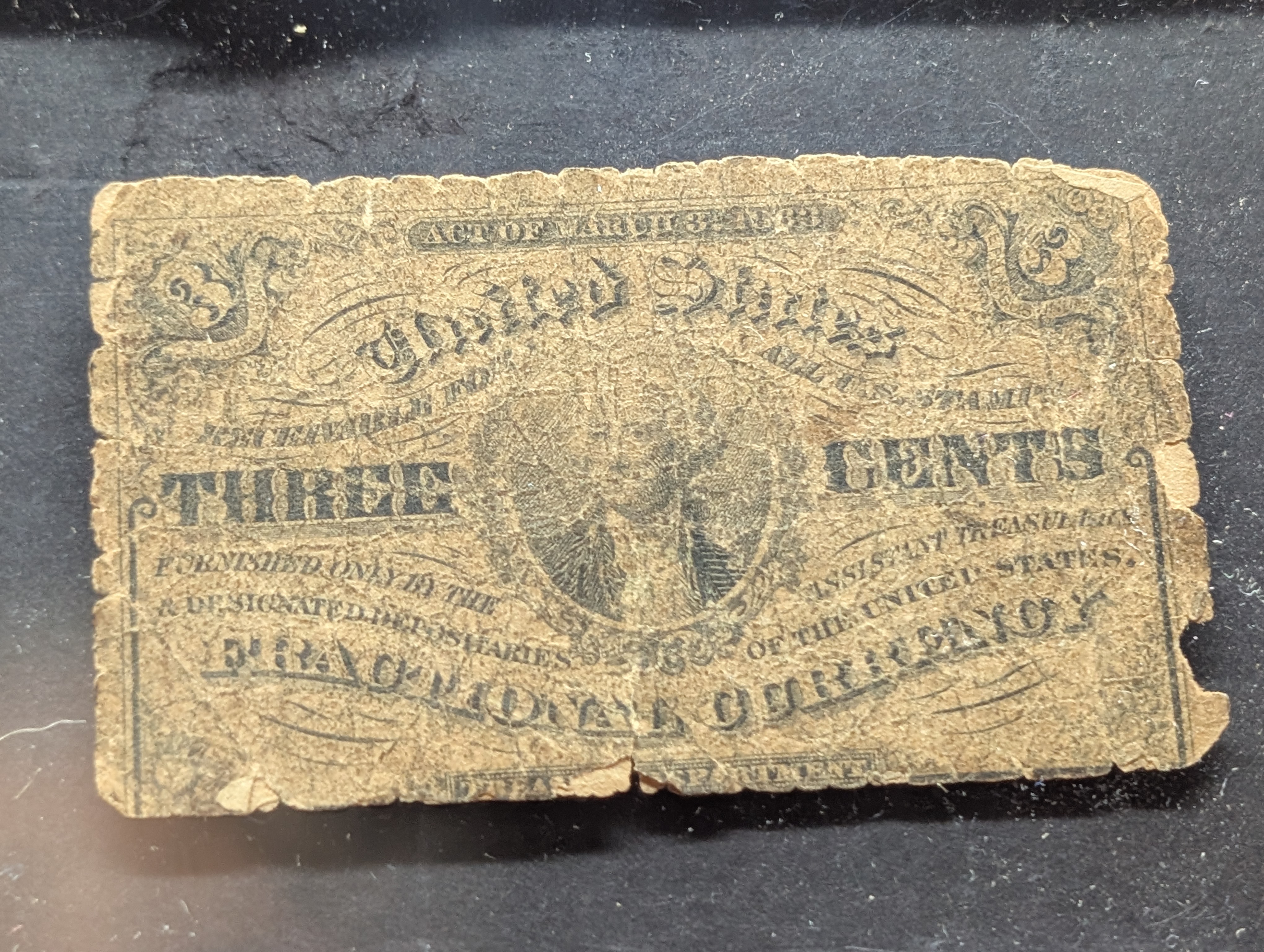 (2) 3-Cent Fractional Currency Notes (top note has a split)